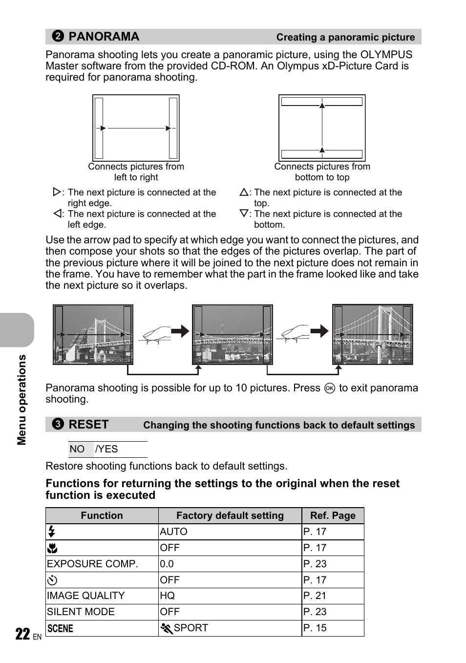 Creating a panoramic picture, Panorama, Reset | Olympus FE-190 User Manual | Page 22 / 80