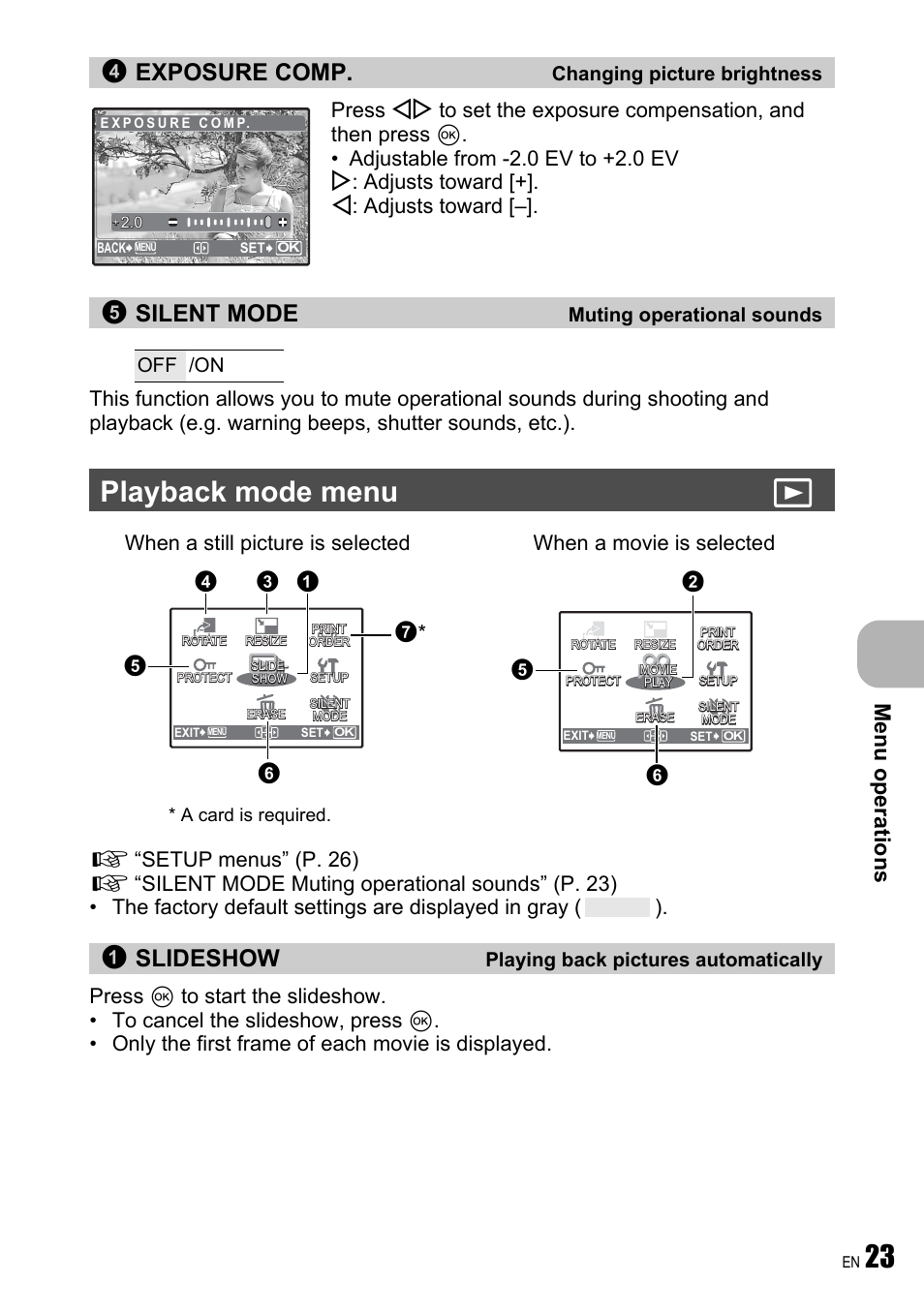 Changing picture brightness, Muting operational sounds, Playback mode menu | Playing back pictures automatically, P. 23, Playback mode menu q, Exposure comp, Silent mode, Slideshow, Me nu operati o ns | Olympus FE-190 User Manual | Page 23 / 80