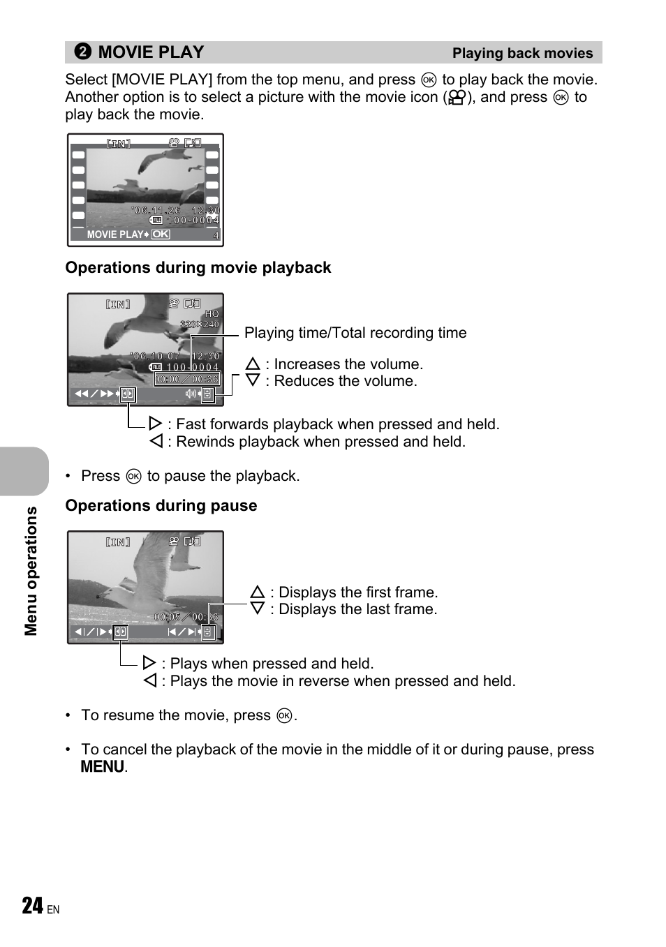 Playing back movies, Movie play, Menu operations | Operations during movie playback, Operations during pause, Press q to pause the playback | Olympus FE-190 User Manual | Page 24 / 80