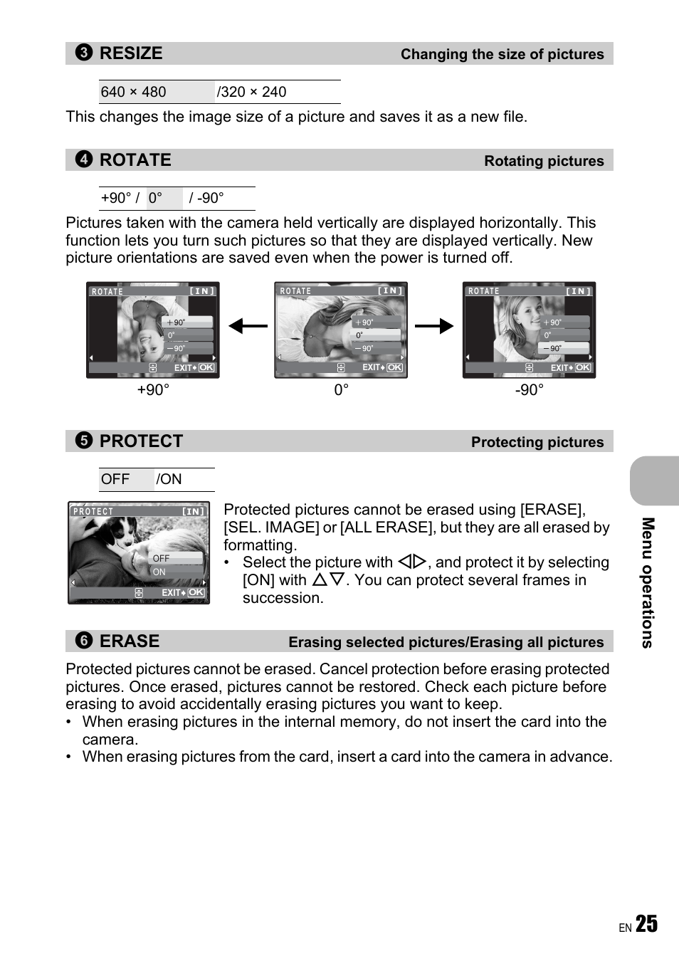 Changing the size of pictures, Rotating pictures, Protecting pictures | Erasing selected pictures/erasing all pictures, Resize, Rotate, Protect, Erase, Me nu operati o ns | Olympus FE-190 User Manual | Page 25 / 80