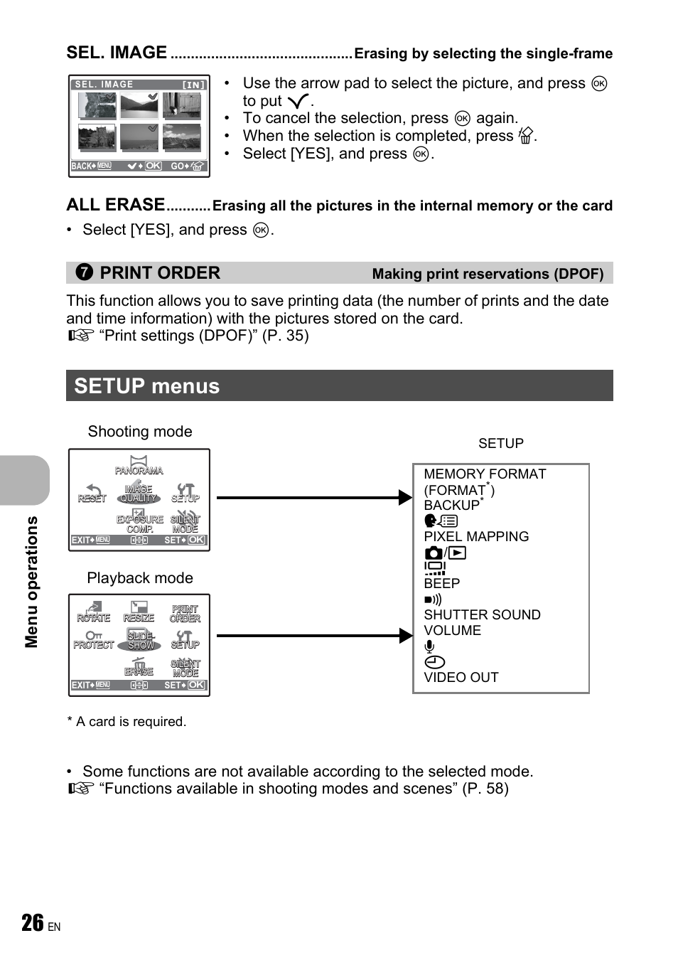 Erasing by selecting the single-frame, Making print reservations (dpof), Setup menus | Or the card, Sel. image, All erase, Print order, Menu operations, Playback mode shooting mode | Olympus FE-190 User Manual | Page 26 / 80
