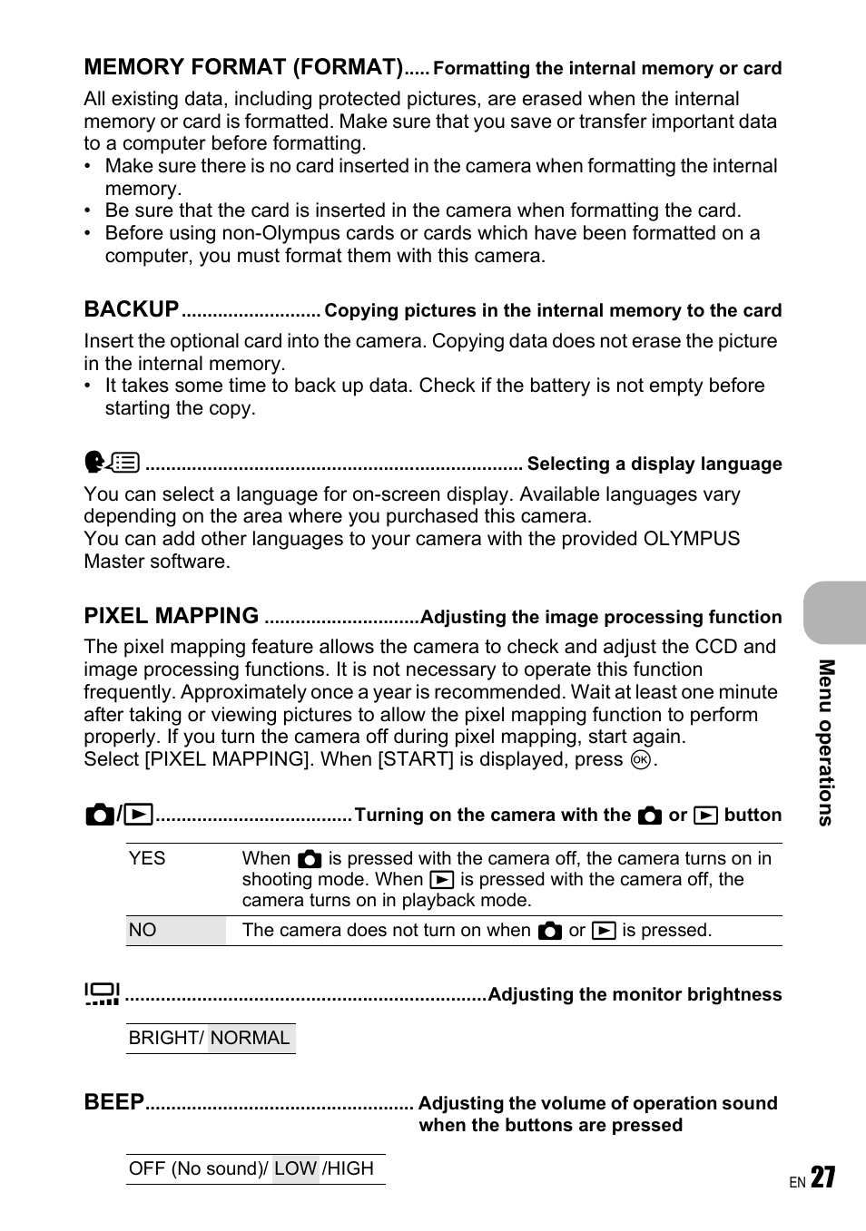Formatting the internal memory or card, Selecting a display language, Adjusting the image processing function | Adjusting the monitor brightness, Memory or card, When the buttons are pressed | Olympus FE-190 User Manual | Page 27 / 80