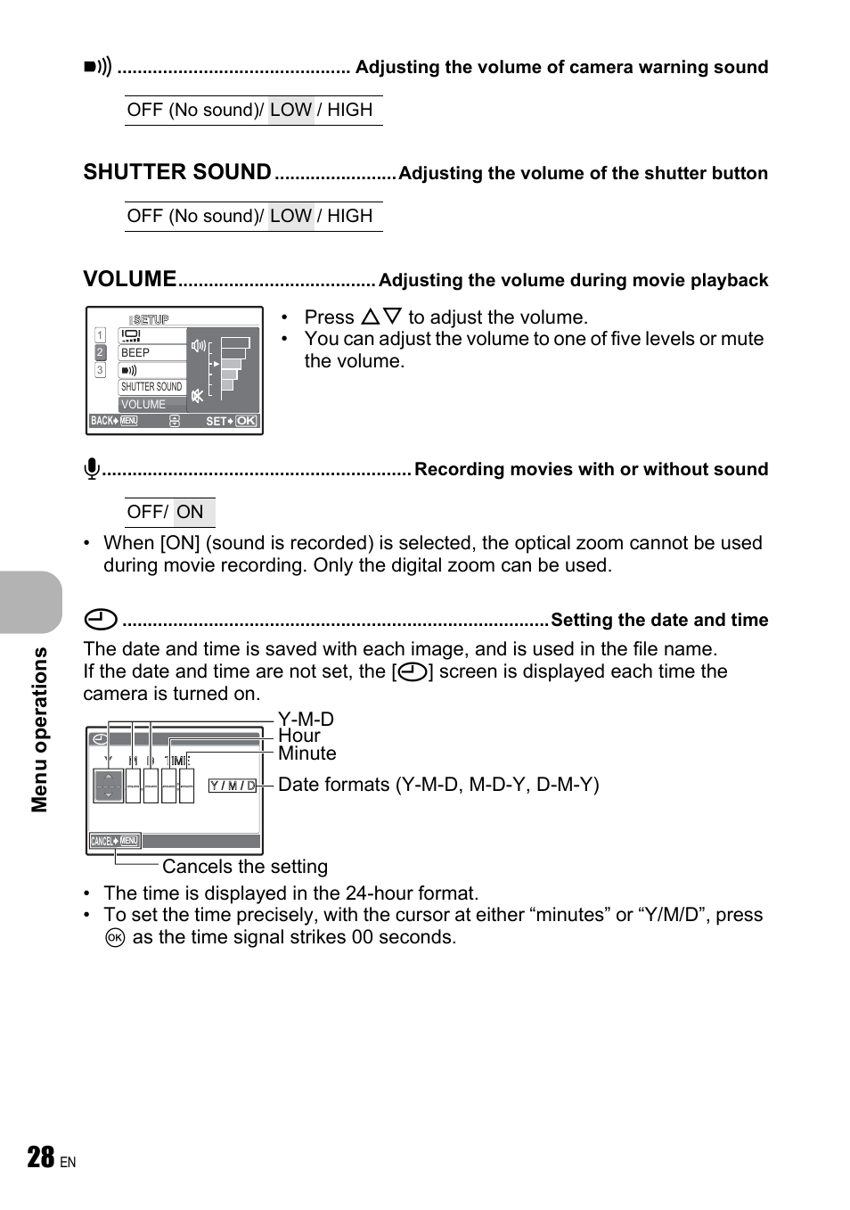 Adjusting the volume of camera warning sound, Adjusting the volume of the shutter button, Adjusting the volume during movie playback | Recording movies with or without sound, Setting the date and time, Shutter sound, Volume, Menu operations | Olympus FE-190 User Manual | Page 28 / 80