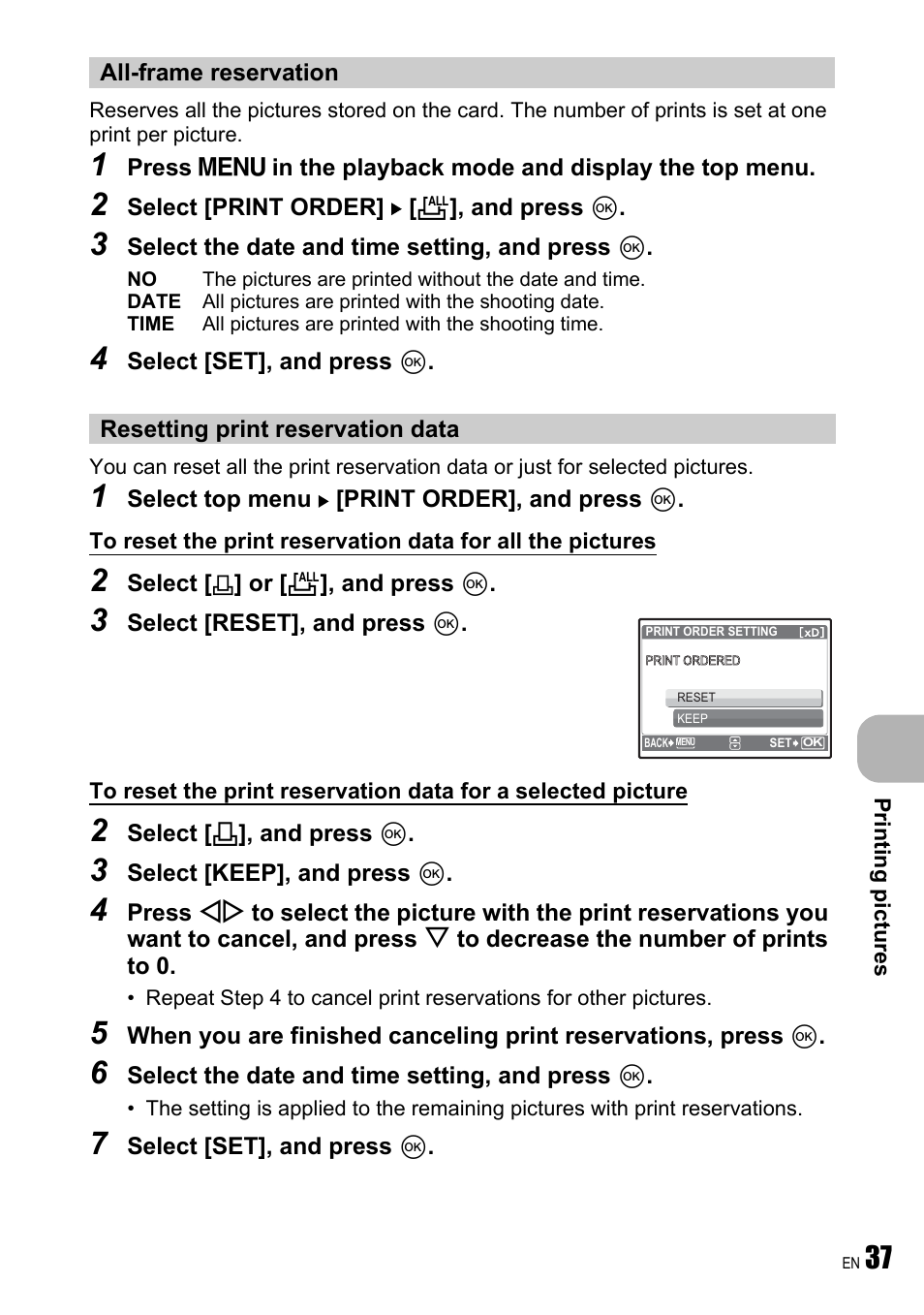 All-frame reservation, Resetting print reservation data | Olympus FE-190 User Manual | Page 37 / 80