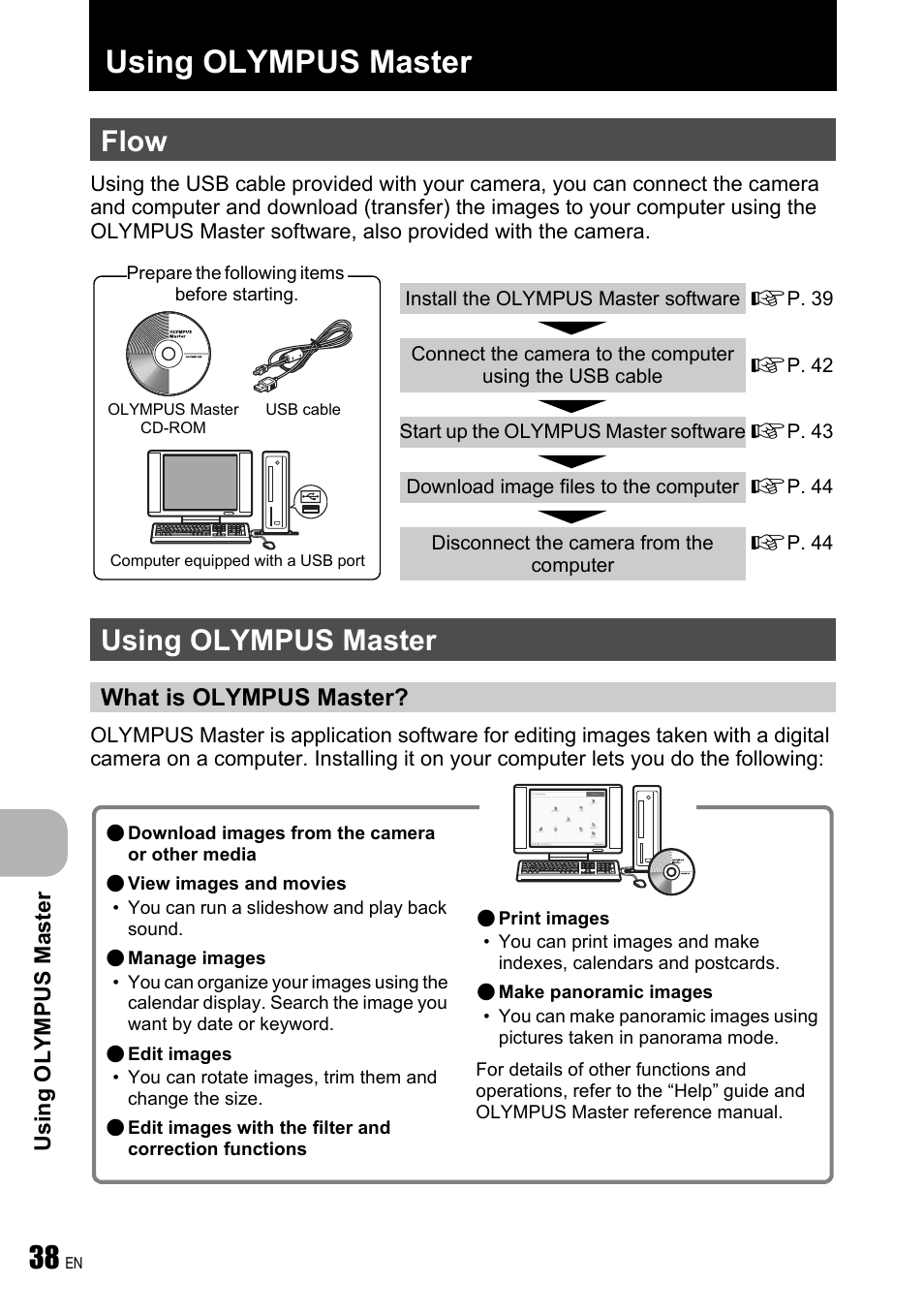 Using olympus master, Flow, What is olympus master | Olympus FE-190 User Manual | Page 38 / 80