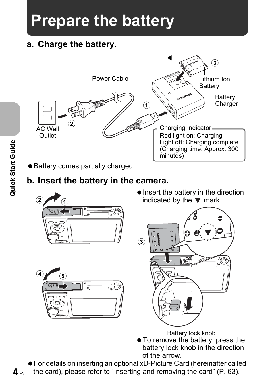 Prepare the battery, Charge the battery, A. charge the battery | B. insert the battery in the camera | Olympus FE-190 User Manual | Page 4 / 80