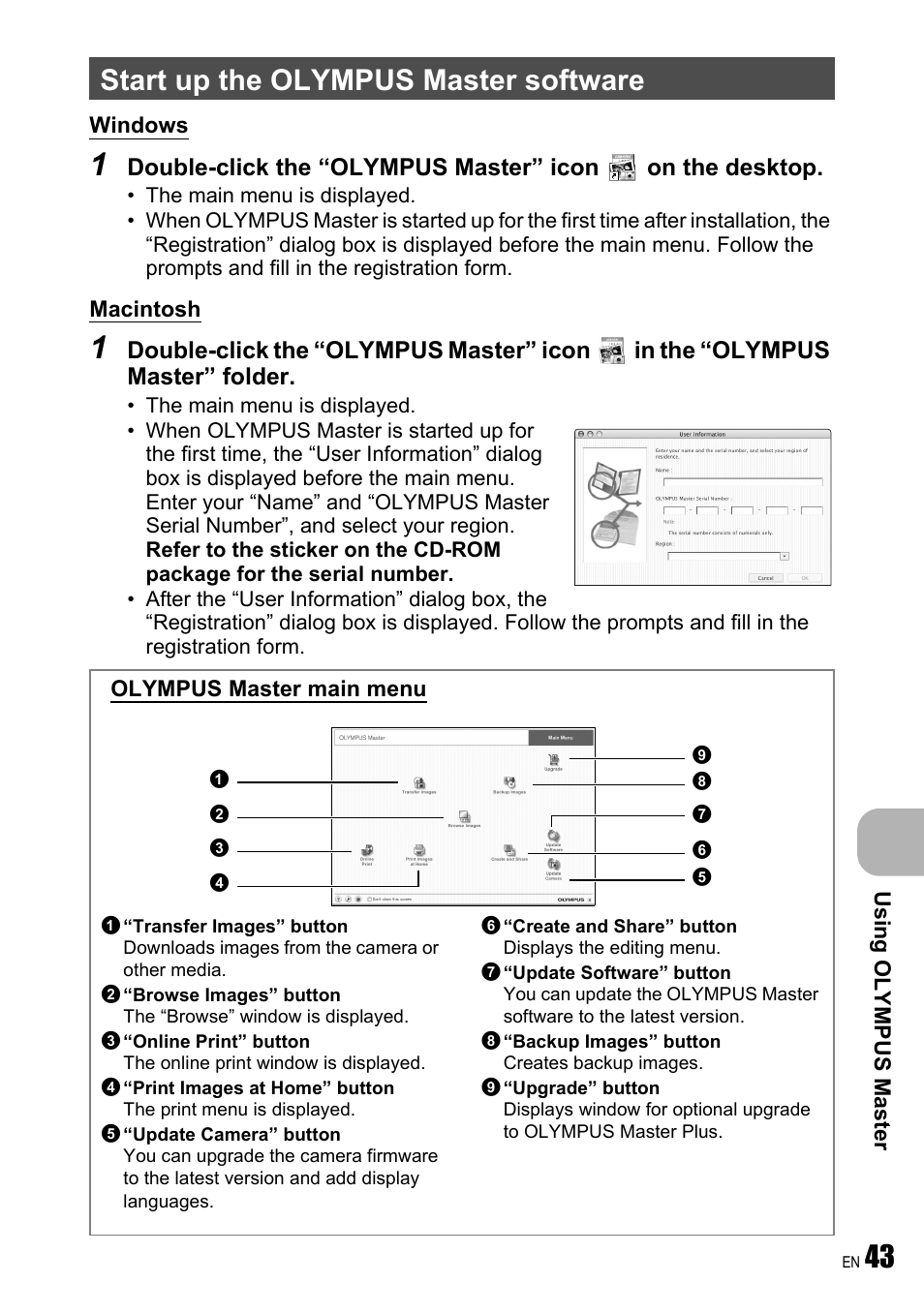 Start up the olympus master software, Gp. 43 | Olympus FE-190 User Manual | Page 43 / 80