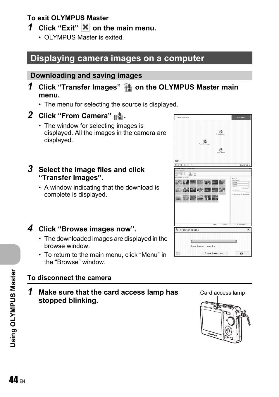 Displaying camera images on a computer, Downloading and saving images, Gp. 44 | Olympus FE-190 User Manual | Page 44 / 80