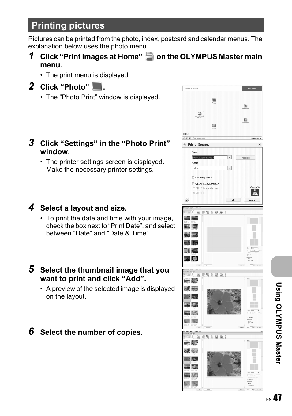 Printing pictures | Olympus FE-190 User Manual | Page 47 / 80