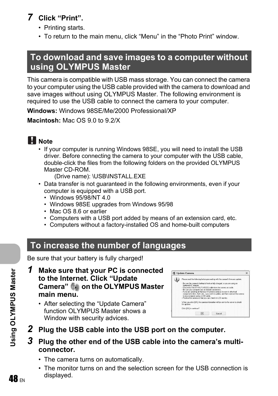 To increase the number of languages, Olympus master | Olympus FE-190 User Manual | Page 48 / 80