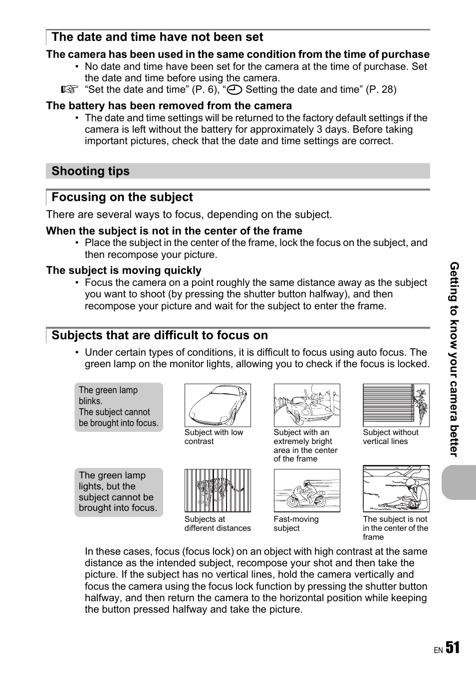 The date and time have not been set, Shooting tips, Focusing on the subject | Subjects that are difficult to focus on, Getting to know your came ra better | Olympus FE-190 User Manual | Page 51 / 80
