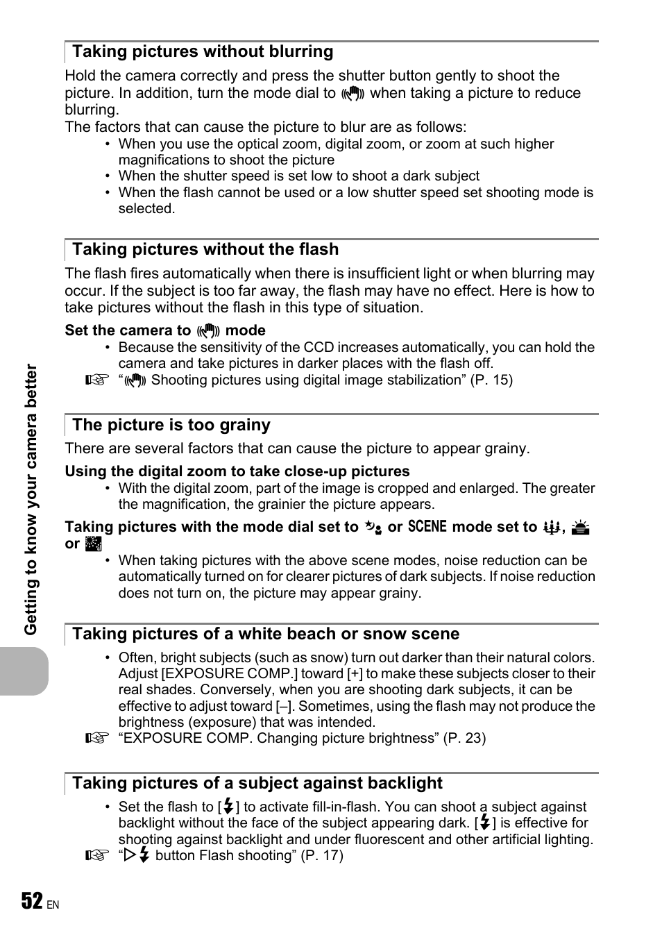 Taking pictures without blurring, Taking pictures without the flash, The picture is too grainy | Taking pictures of a white beach or snow scene, Taking pictures of a subject against backlight | Olympus FE-190 User Manual | Page 52 / 80