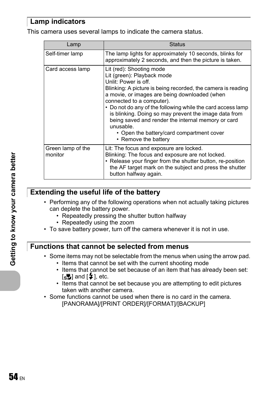 Lamp indicators, Extending the useful life of the battery, Functions that cannot be selected from menus | Olympus FE-190 User Manual | Page 54 / 80