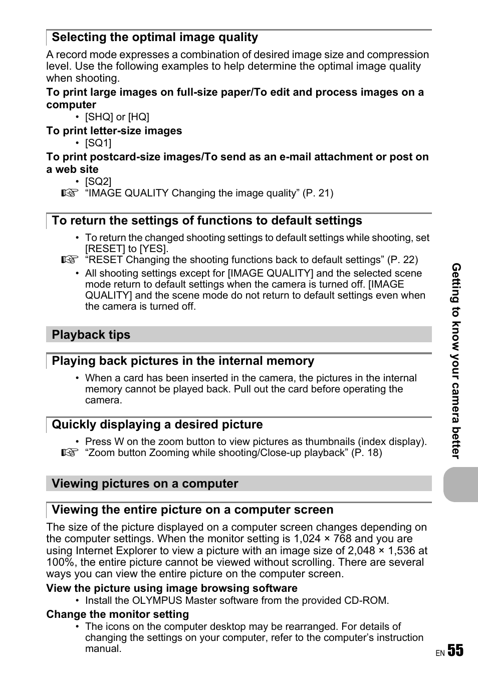 Selecting the optimal image quality, Playback tips, Playing back pictures in the internal memory | Quickly displaying a desired picture, Viewing pictures on a computer, Viewing the entire picture on a computer screen | Olympus FE-190 User Manual | Page 55 / 80