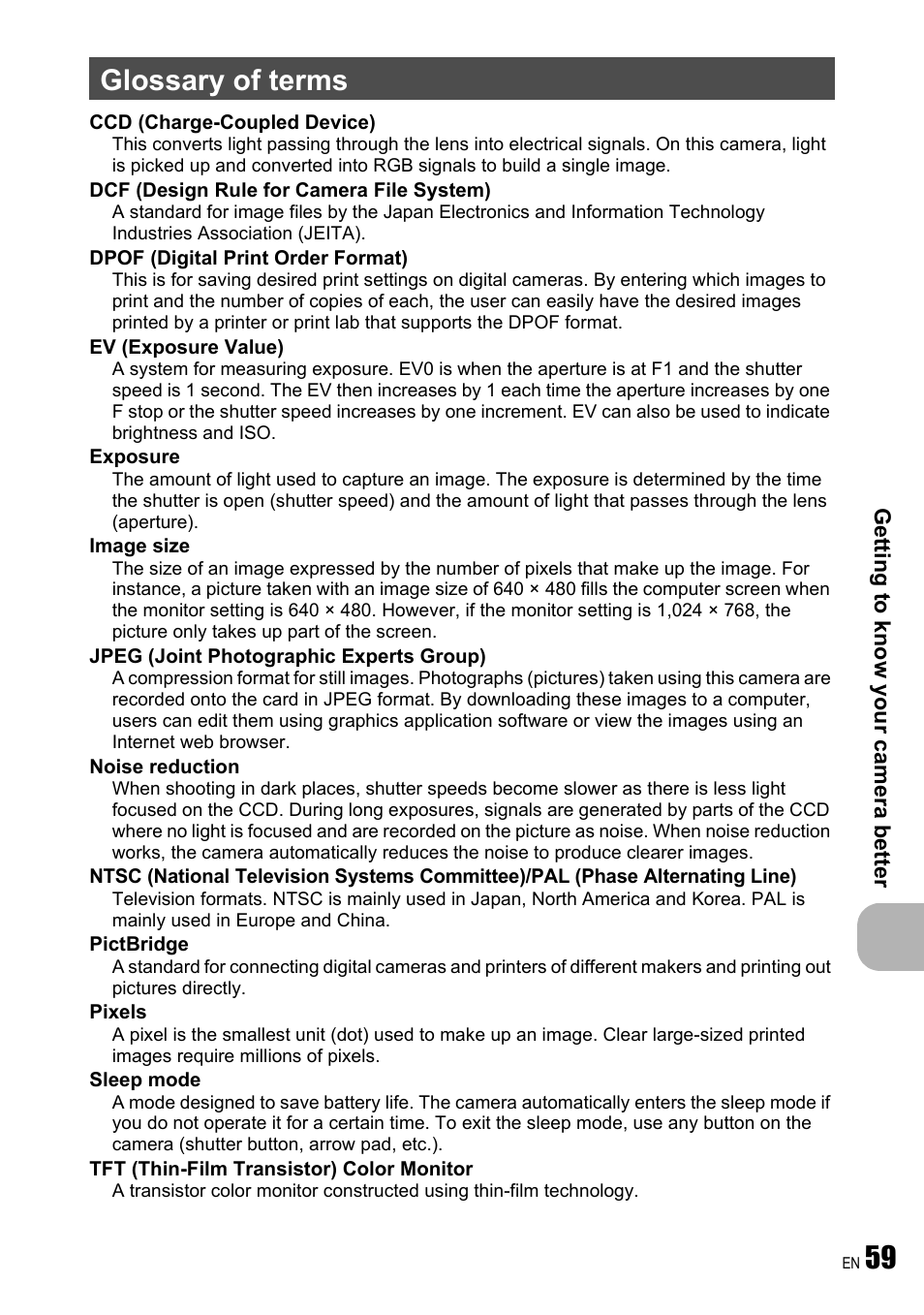 Glossary of terms | Olympus FE-190 User Manual | Page 59 / 80