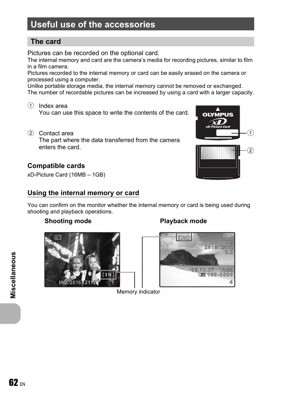 Useful use of the accessories, The card, The card” (p. 62) | Mi scell a neou s, Compatible cards | Olympus FE-190 User Manual | Page 62 / 80