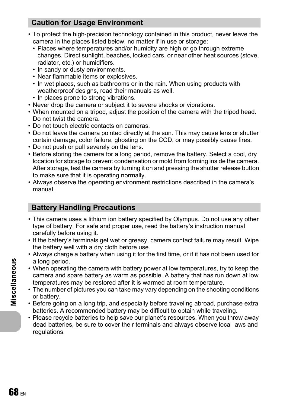 Caution for usage environment, Battery handling precautions | Olympus FE-190 User Manual | Page 68 / 80