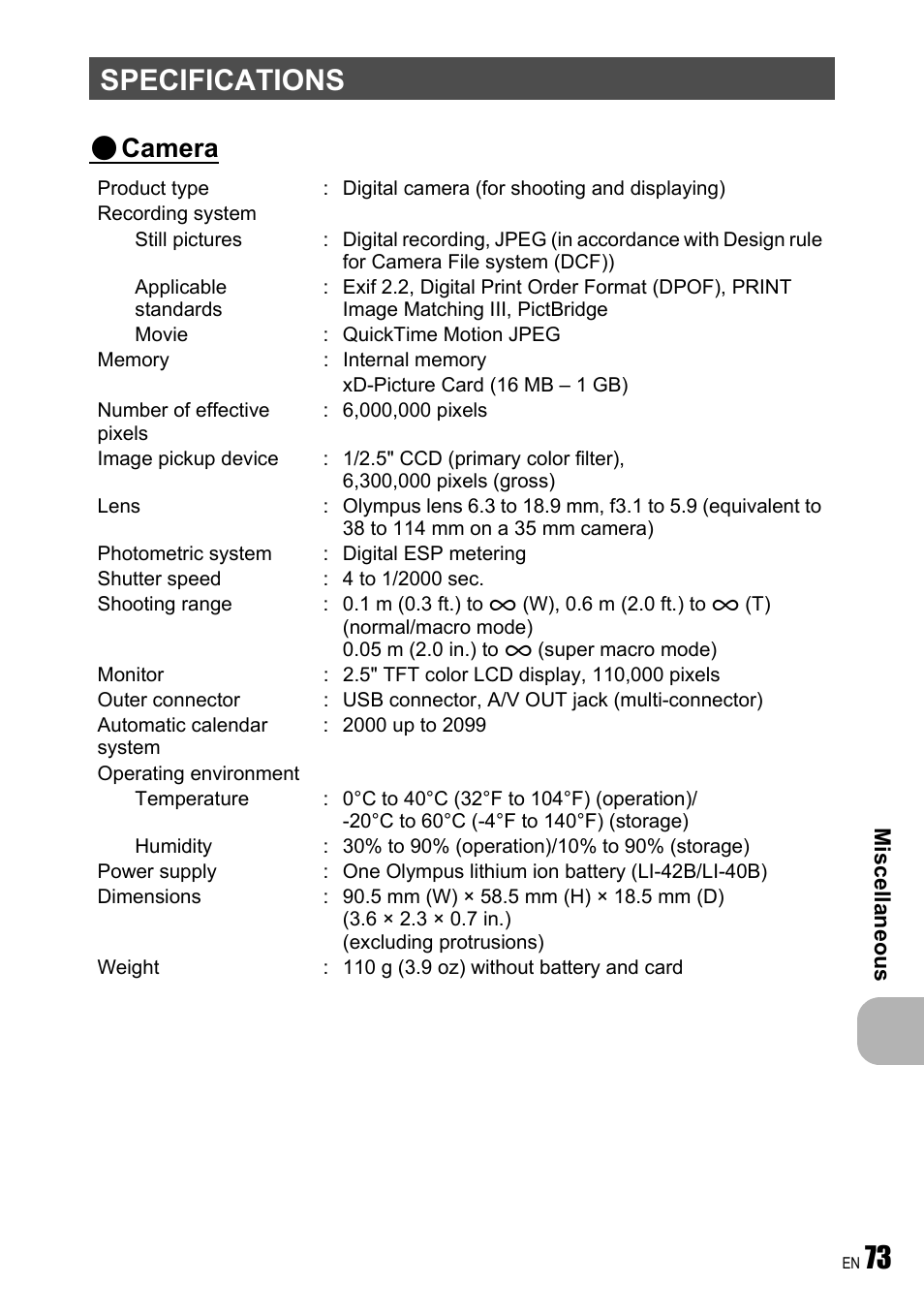 Specifications, 73 specifications, Camera | Olympus FE-190 User Manual | Page 73 / 80