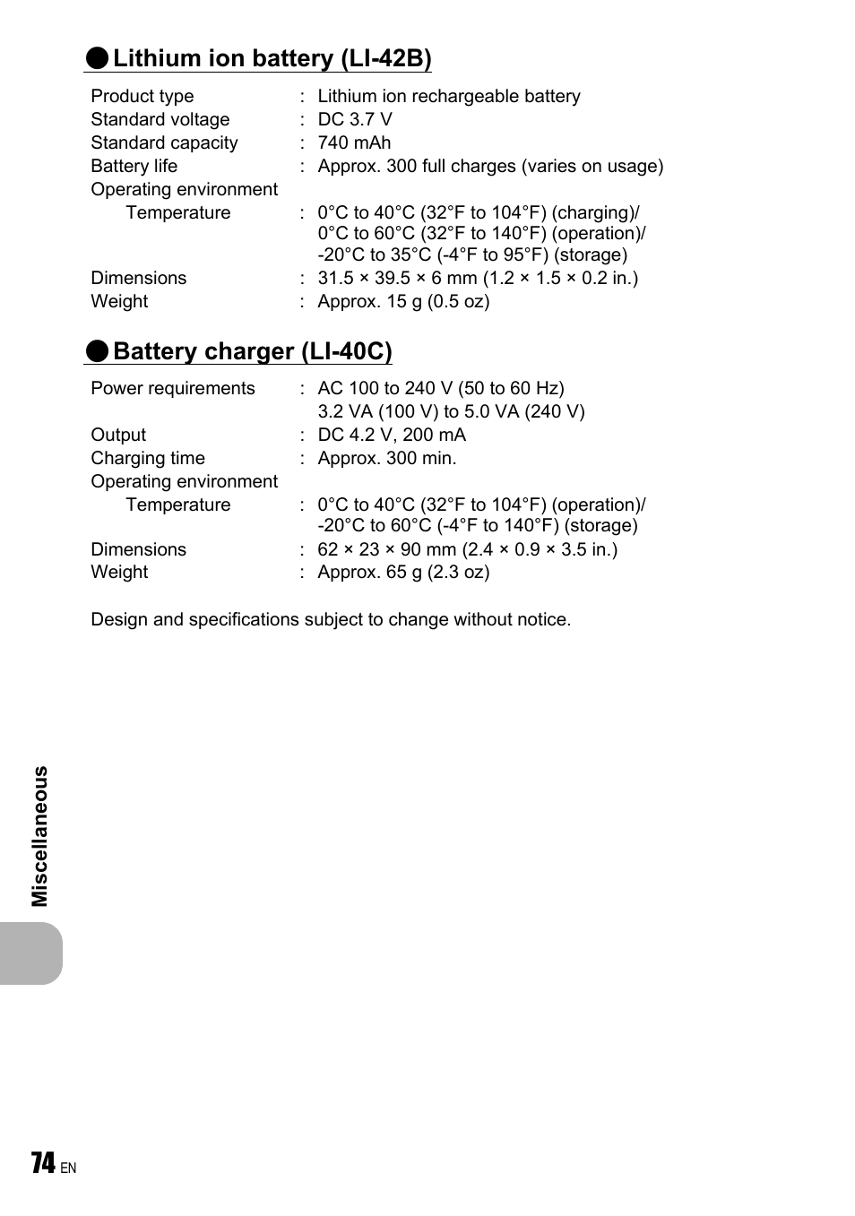 Lithium ion battery (li-42b), Battery charger (li-40c) | Olympus FE-190 User Manual | Page 74 / 80