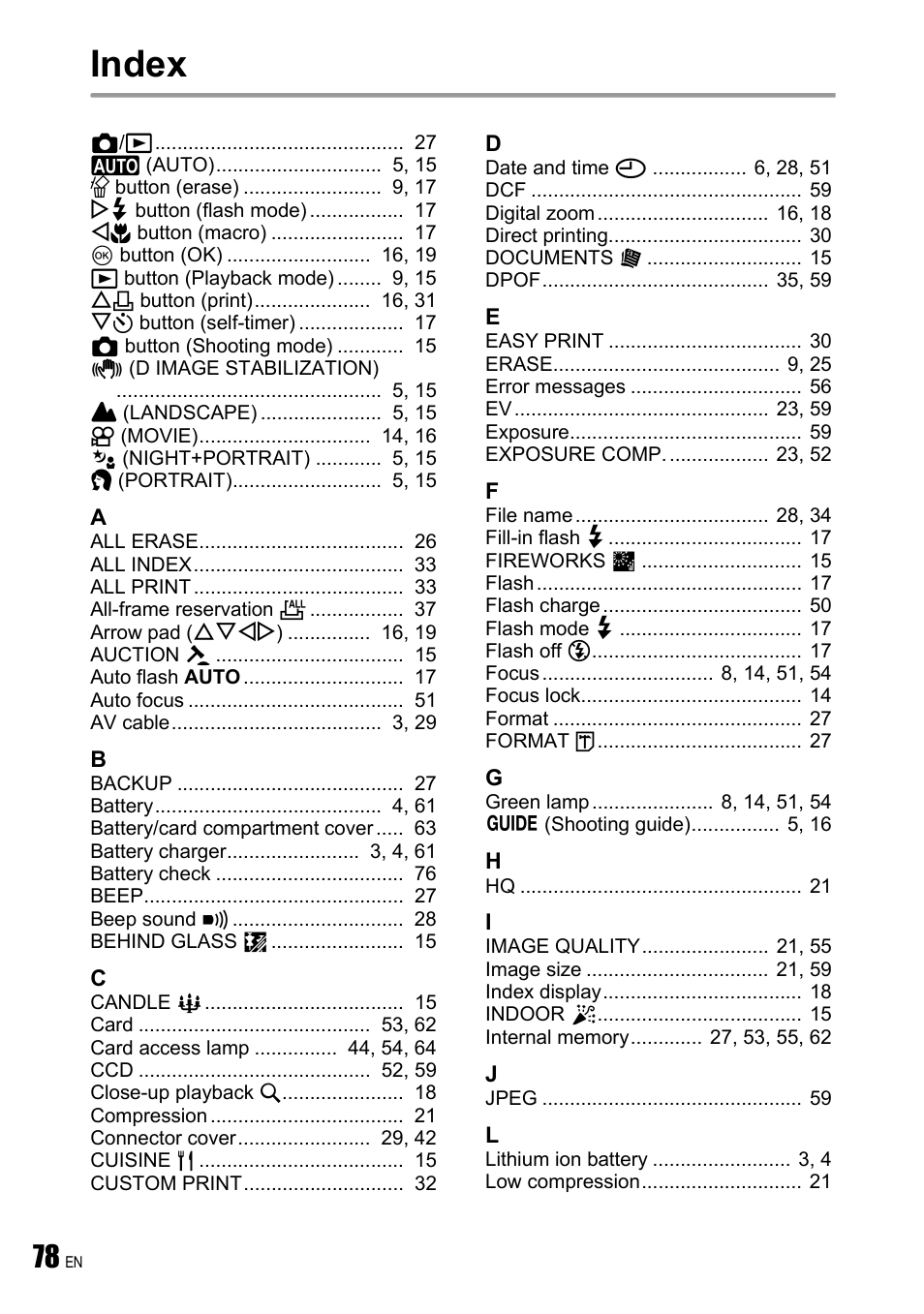 Index | Olympus FE-190 User Manual | Page 78 / 80