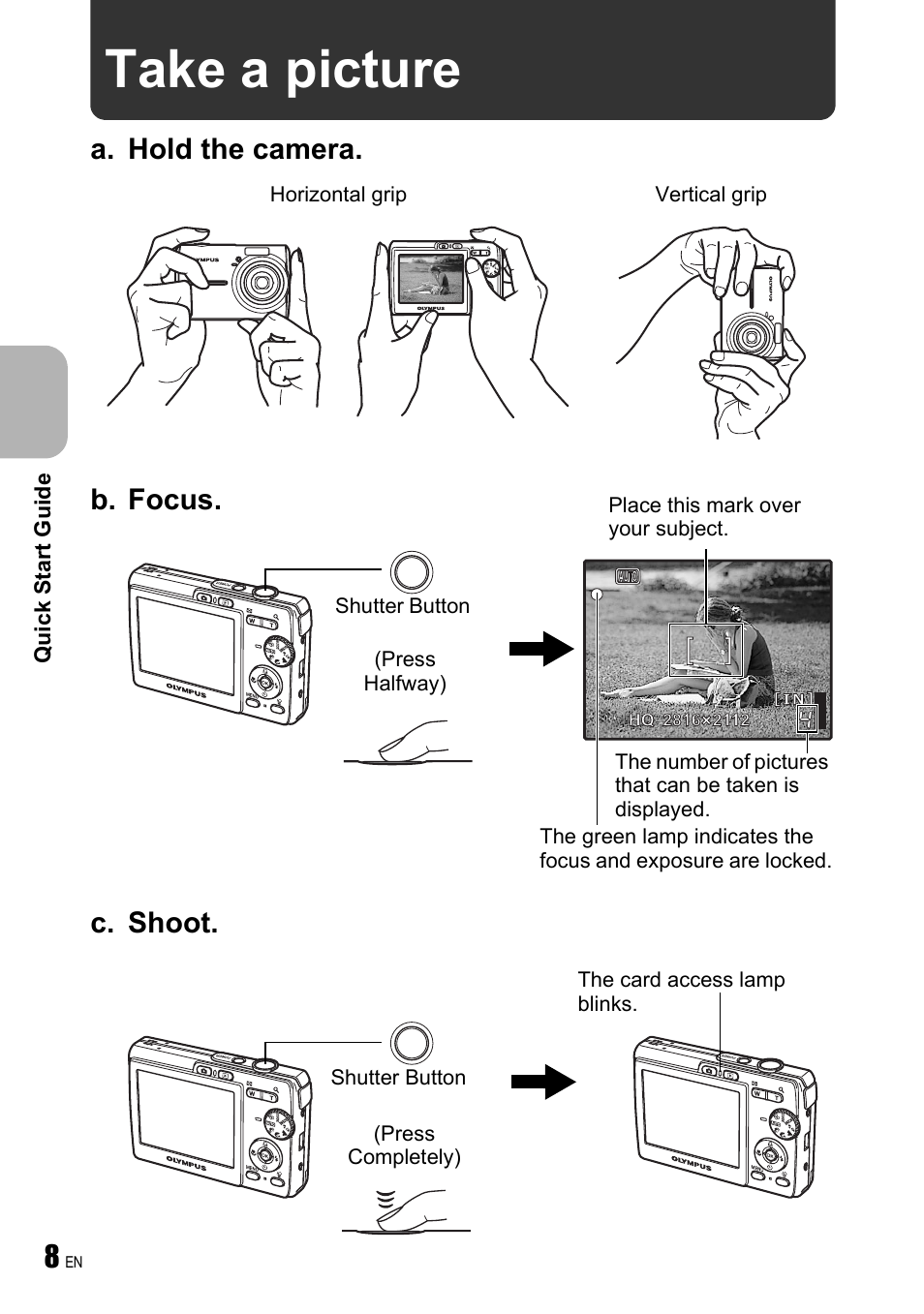 Take a picture, A. hold the camera. c. shoot, B. focus | Olympus FE-190 User Manual | Page 8 / 80