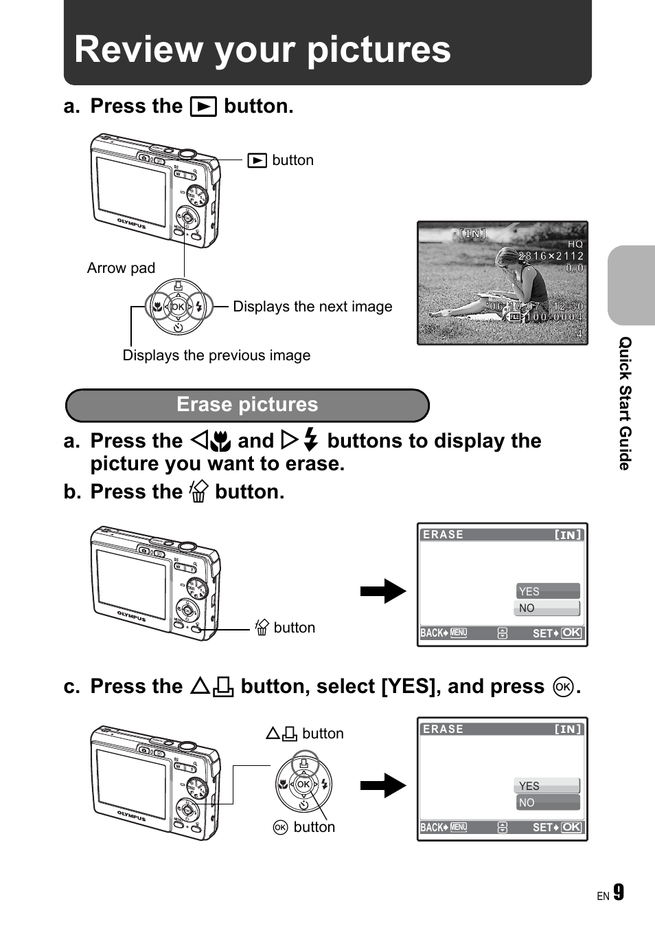 Review your pictures, Erase pictures | Olympus FE-190 User Manual | Page 9 / 80