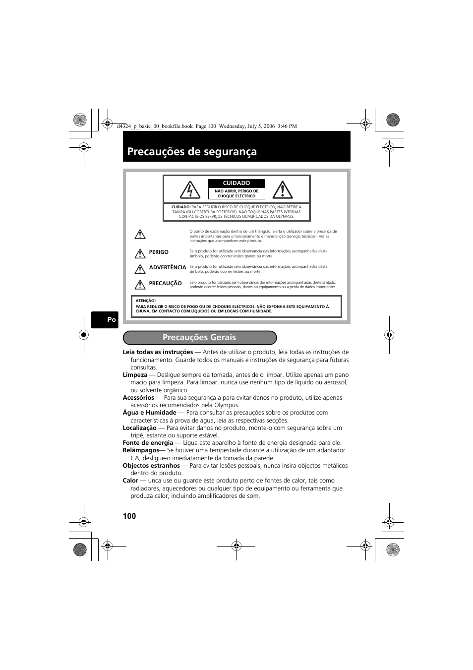 Precauções de segurança, Precauções gerais | Olympus FE-170 User Manual | Page 100 / 108