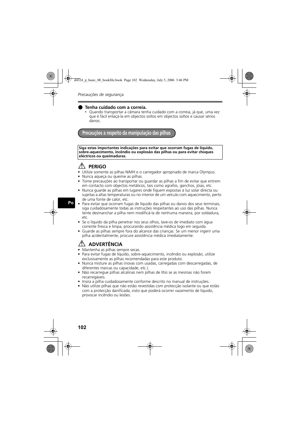 Precauções a respeito da manipulação das pilhas, Perigo, Advertência | Olympus FE-170 User Manual | Page 102 / 108