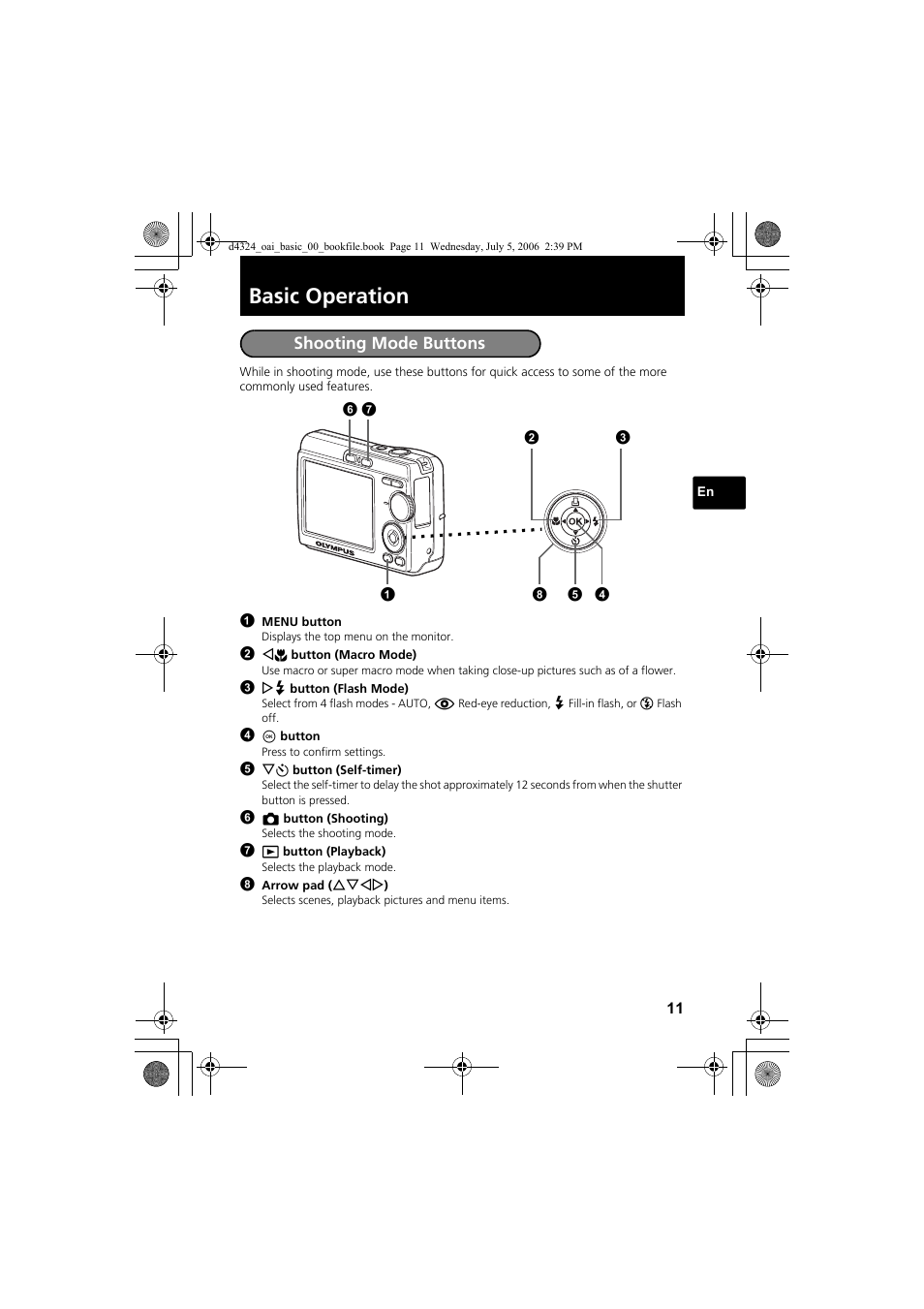 Basic operation, Shooting mode buttons | Olympus FE-170 User Manual | Page 11 / 108