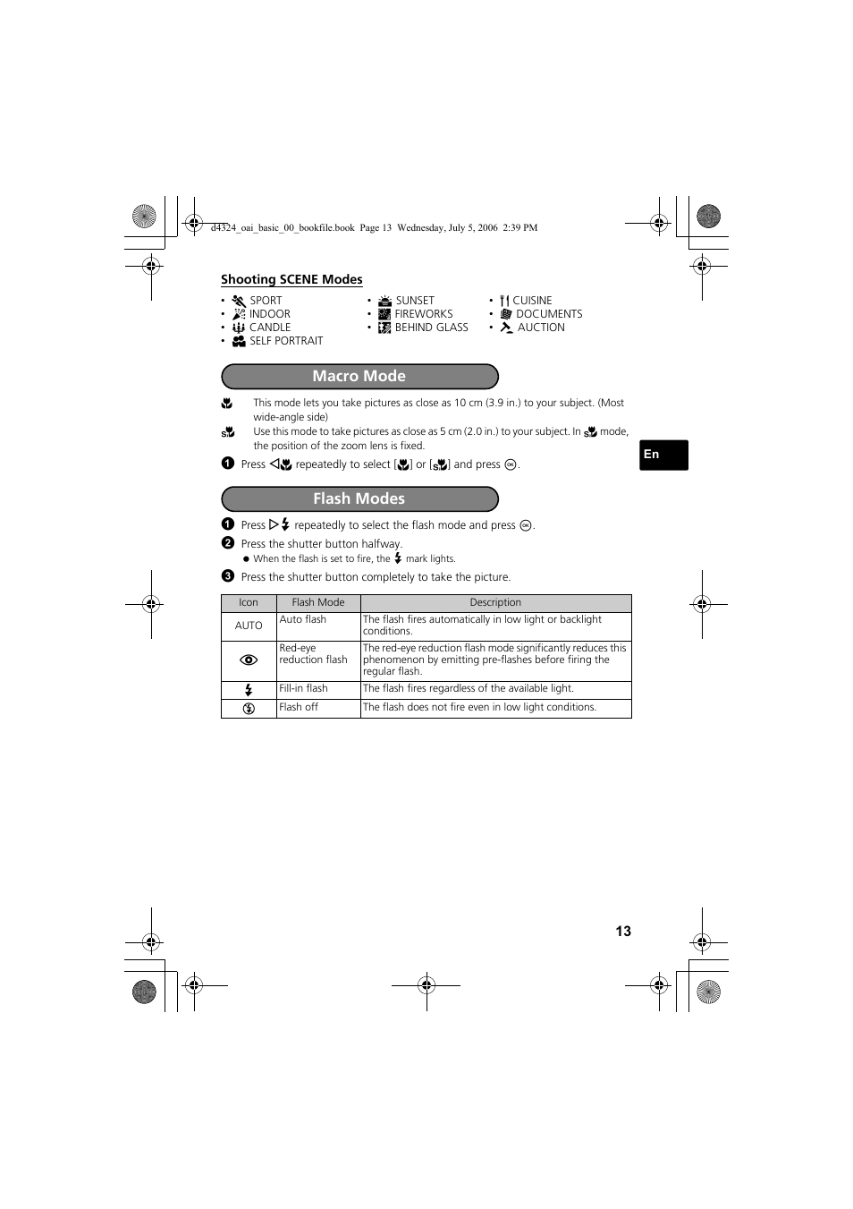 Macro mode, Flash modes | Olympus FE-170 User Manual | Page 13 / 108