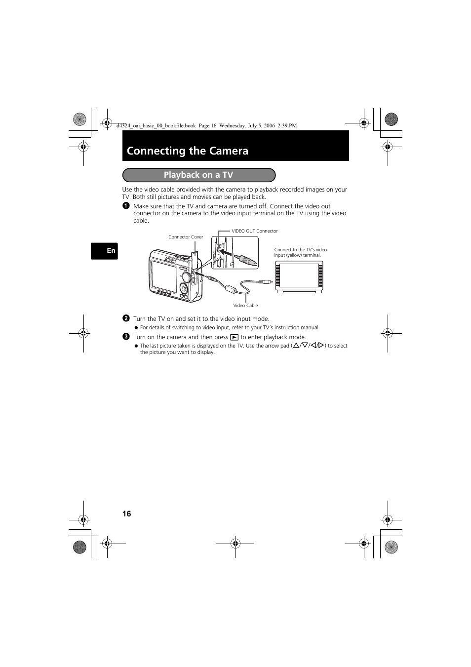 Connecting the camera, Playback on a tv | Olympus FE-170 User Manual | Page 16 / 108