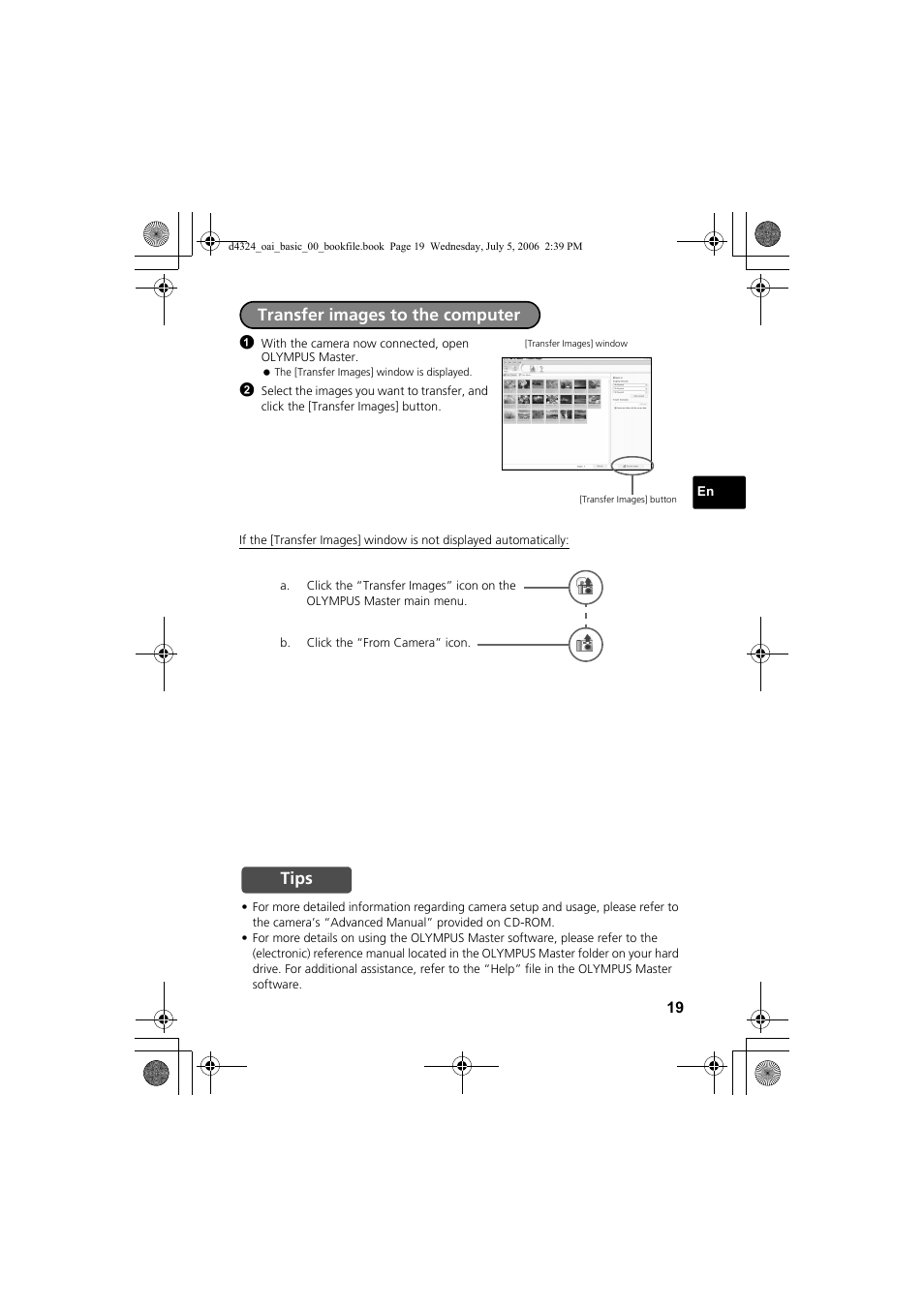 Transfer images to the computer, Tips | Olympus FE-170 User Manual | Page 19 / 108