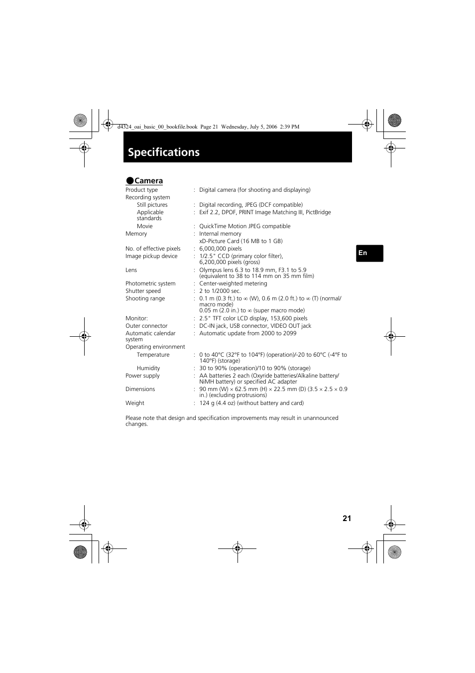 Specifications, Camera | Olympus FE-170 User Manual | Page 21 / 108