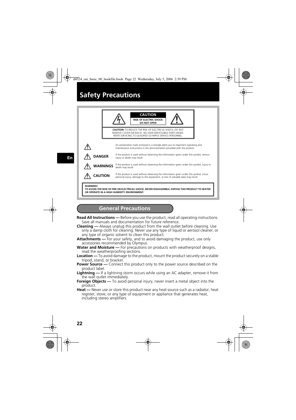 Safety precautions, General precautions | Olympus FE-170 User Manual | Page 22 / 108