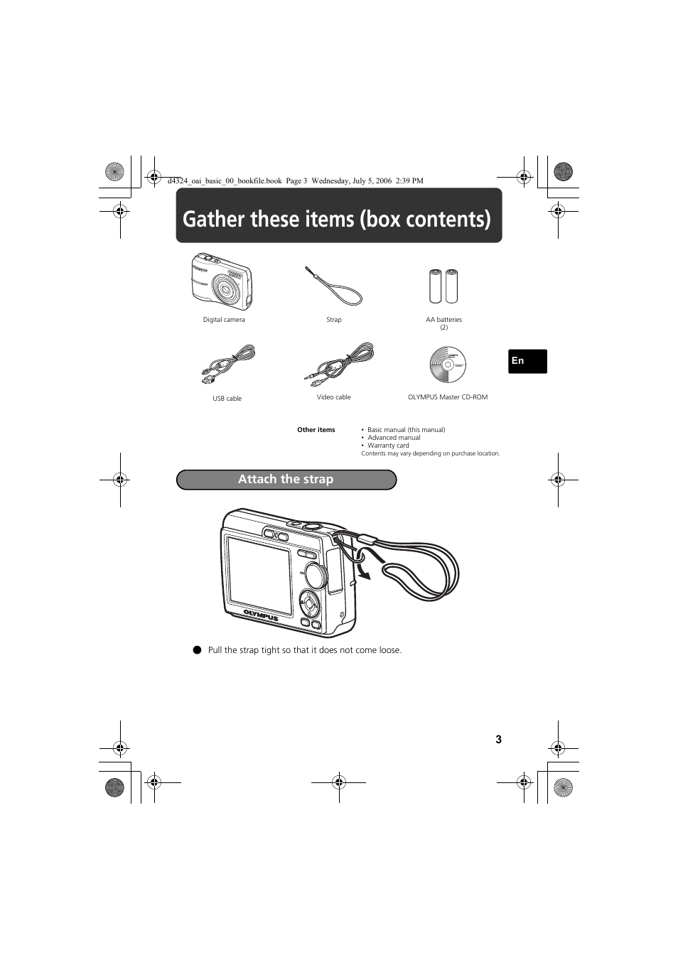 Gather these items (box contents), Attach the strap | Olympus FE-170 User Manual | Page 3 / 108