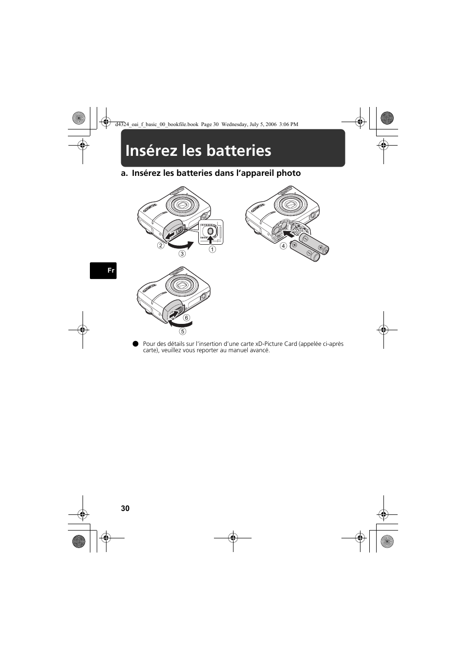 Insérez les batteries | Olympus FE-170 User Manual | Page 30 / 108