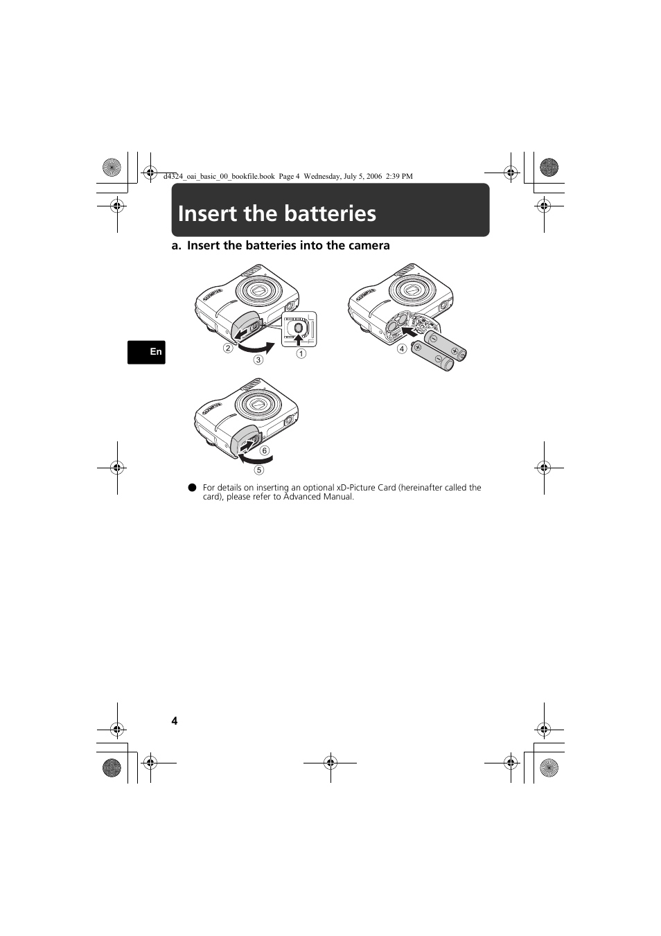 Insert the batteries | Olympus FE-170 User Manual | Page 4 / 108