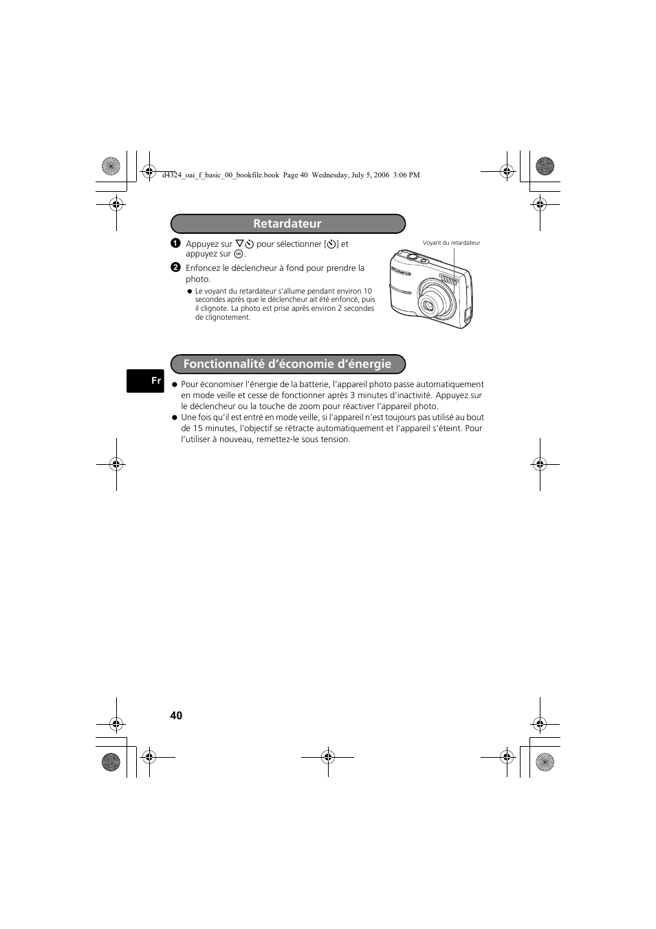 Retardateur, Fonctionnalité d’économie d’énergie | Olympus FE-170 User Manual | Page 40 / 108