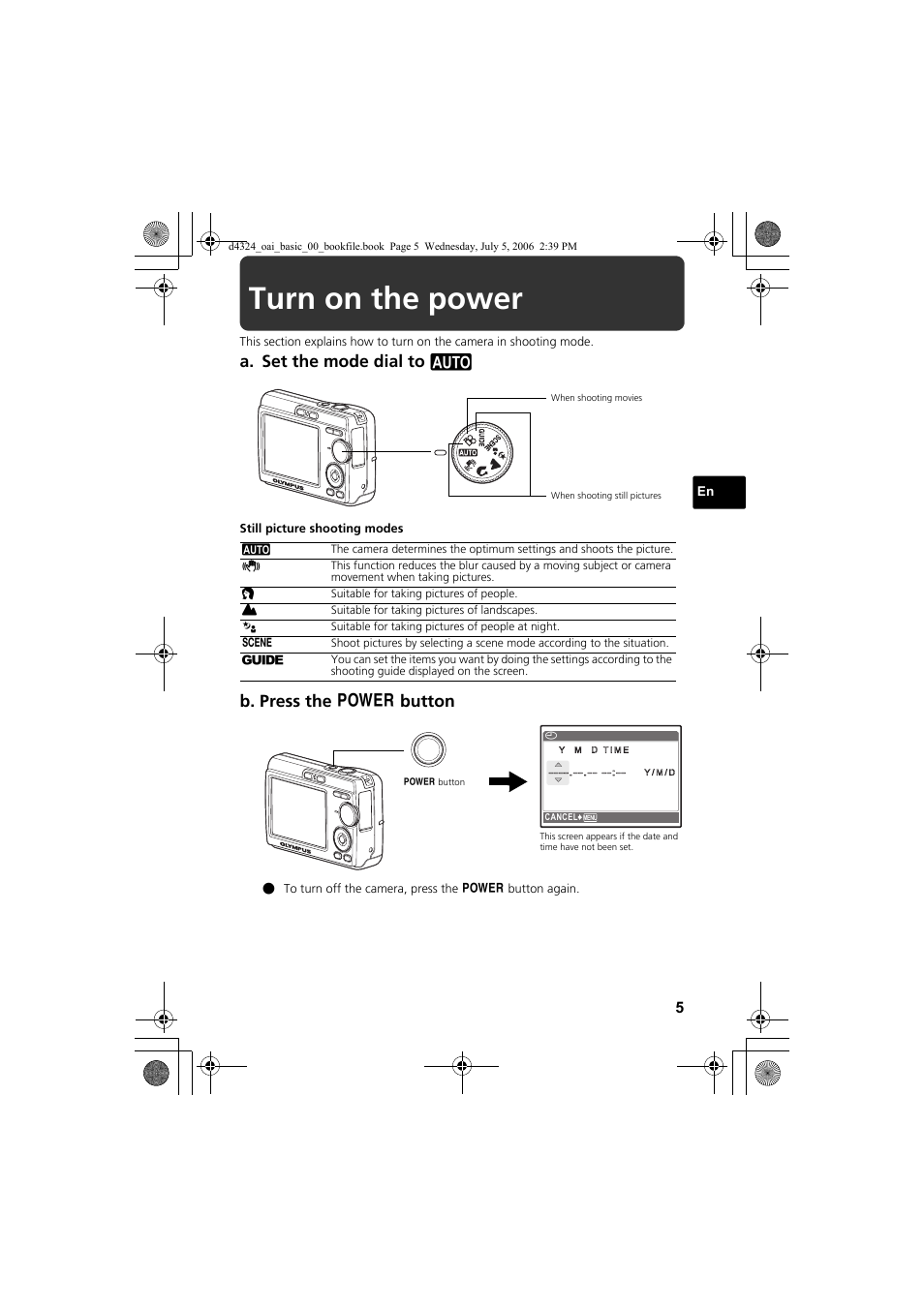 Turn on the power, A. set the mode dial to h, B. press the o button | Olympus FE-170 User Manual | Page 5 / 108