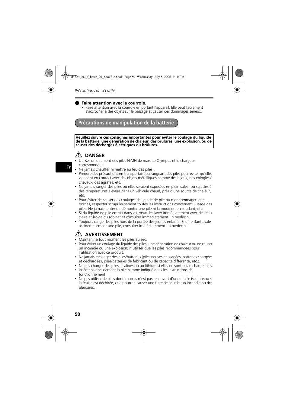 Précautions de manipulation de la batterie, Danger, Avertissement | Olympus FE-170 User Manual | Page 50 / 108