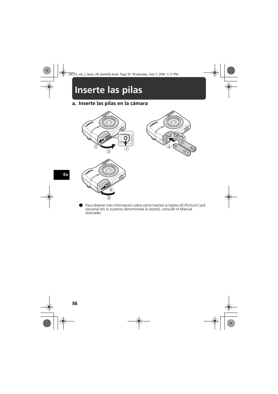 Inserte las pilas | Olympus FE-170 User Manual | Page 56 / 108