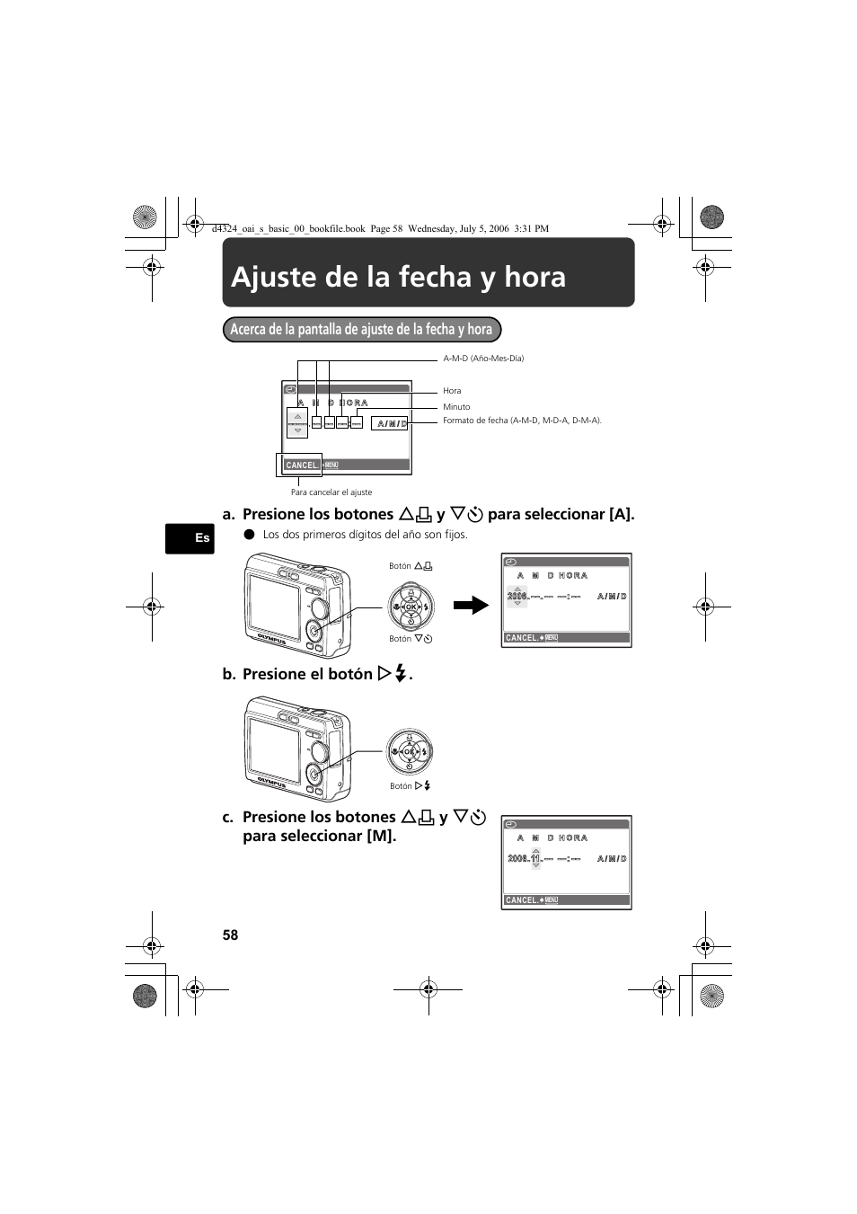 Ajuste de la fecha y hora | Olympus FE-170 User Manual | Page 58 / 108