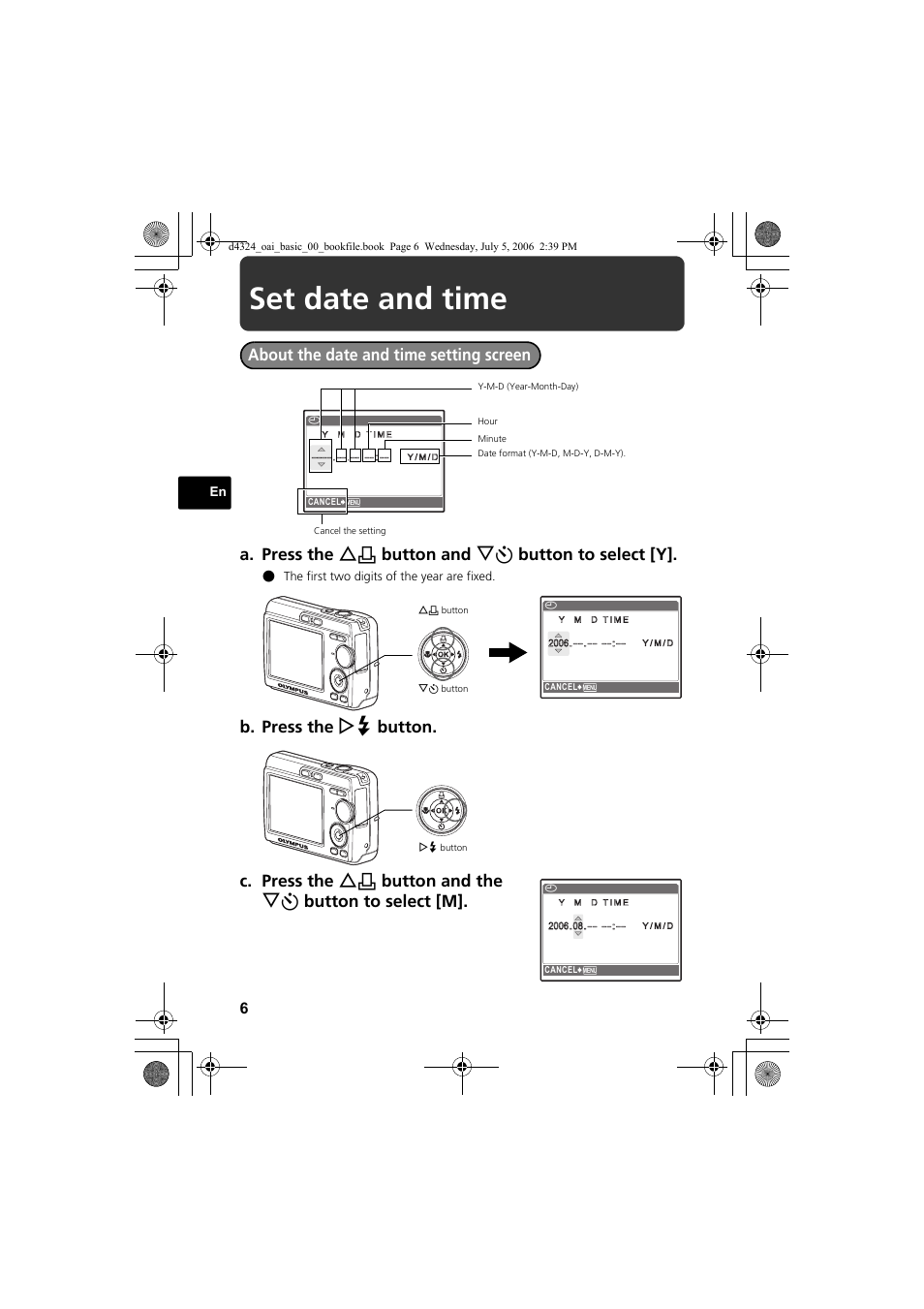 Set date and time | Olympus FE-170 User Manual | Page 6 / 108