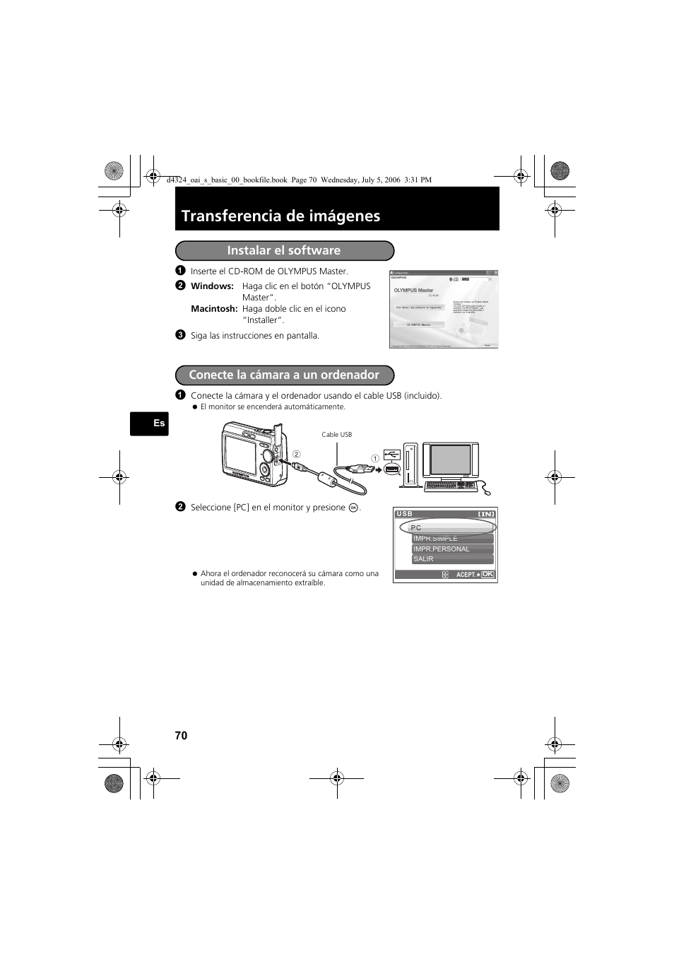 Transferencia de imágenes, Instalar el software, Conecte la cámara a un ordenador | Olympus FE-170 User Manual | Page 70 / 108