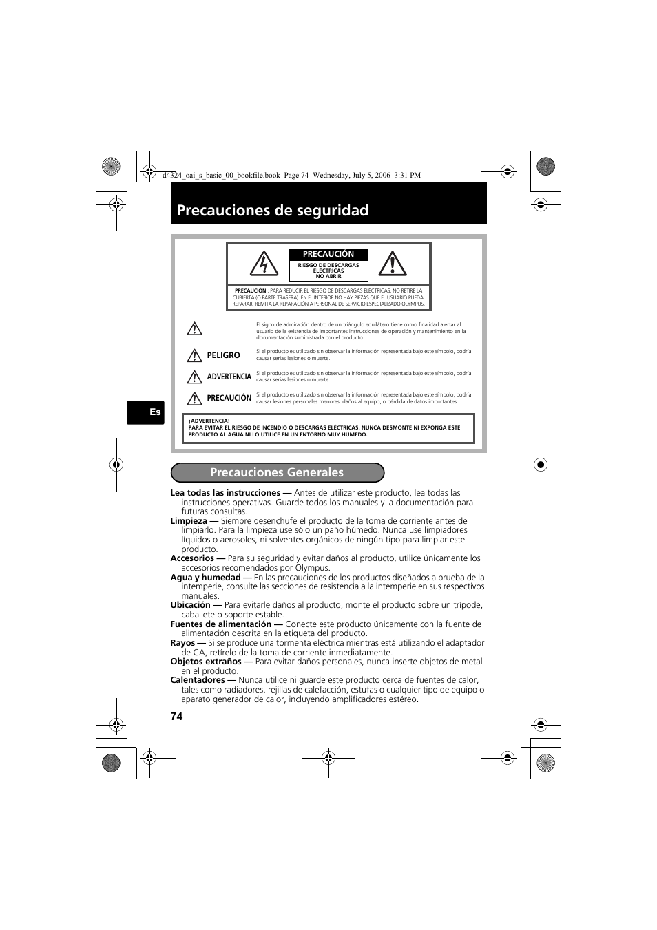 Precauciones de seguridad, Precauciones generales | Olympus FE-170 User Manual | Page 74 / 108