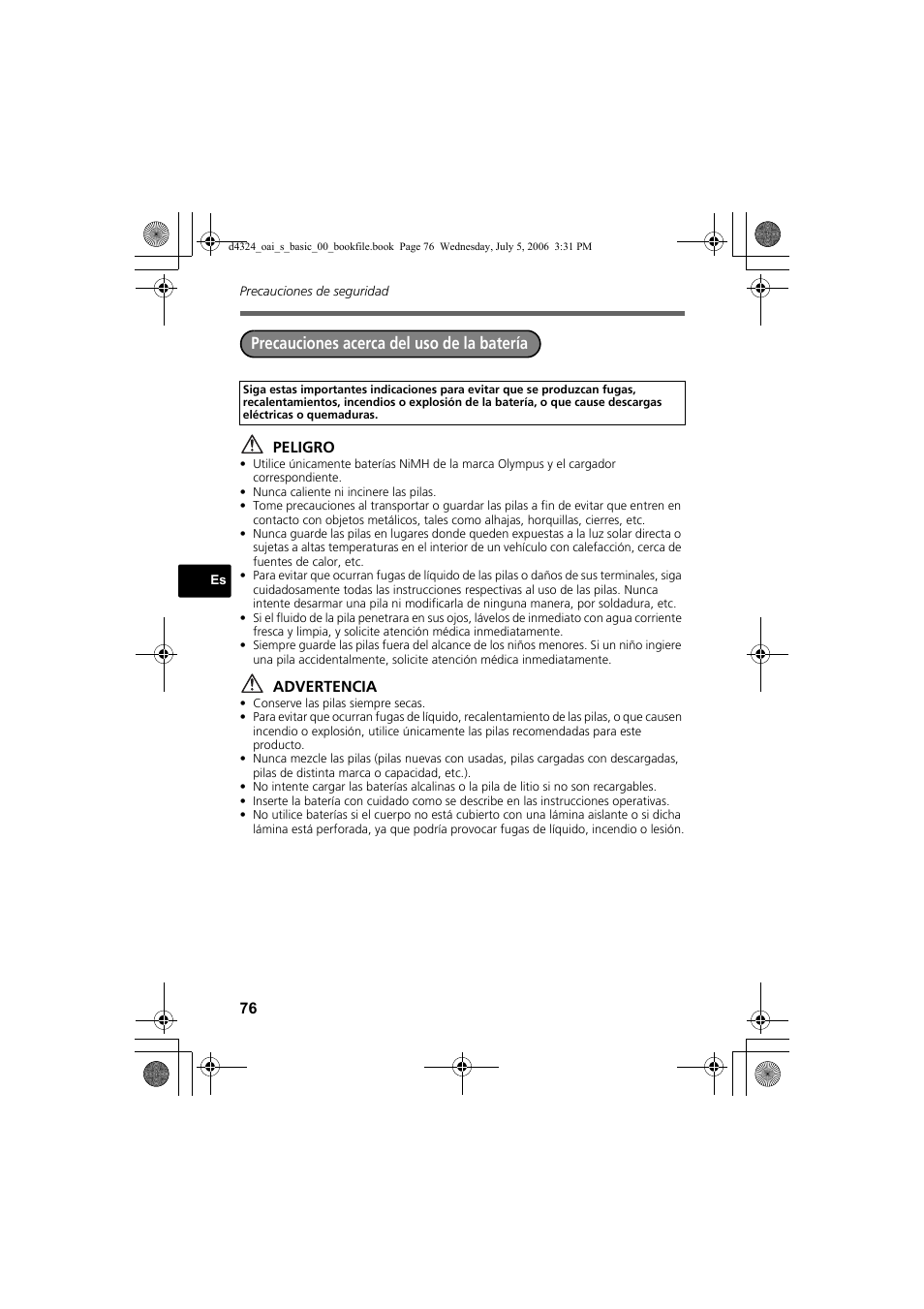 Precauciones acerca del uso de la batería, Peligro, Advertencia | Olympus FE-170 User Manual | Page 76 / 108