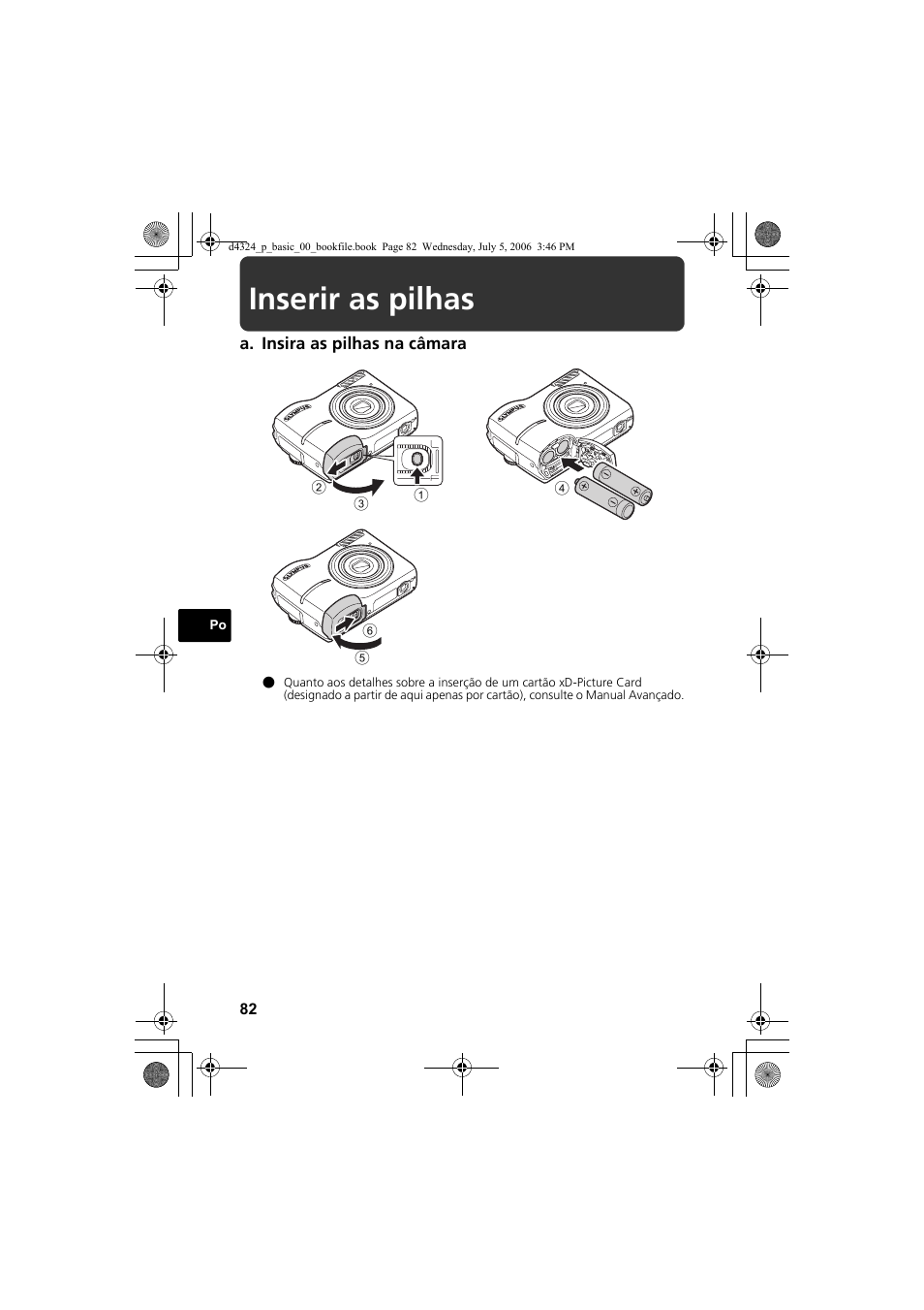 Inserir as pilhas | Olympus FE-170 User Manual | Page 82 / 108