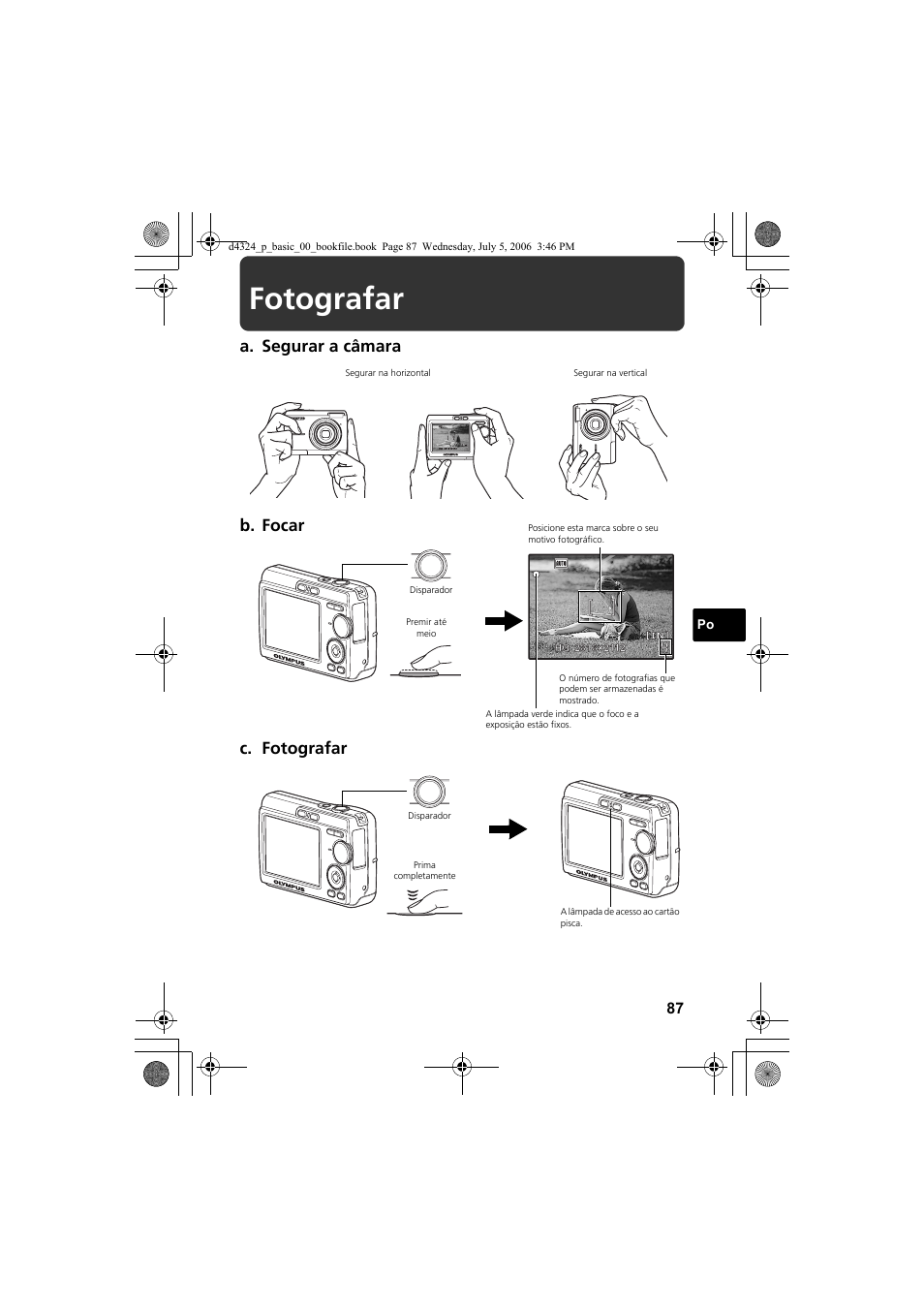 Fotografar, A. segurar a câmara c. fotografar, B. focar | Olympus FE-170 User Manual | Page 87 / 108