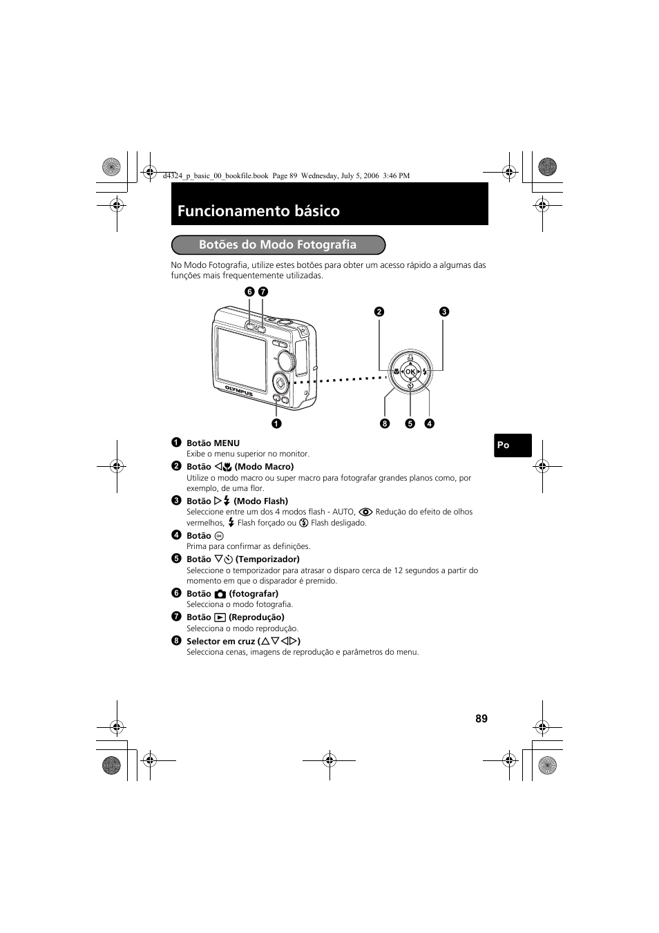 Funcionamento básico, Botões do modo fotografia | Olympus FE-170 User Manual | Page 89 / 108