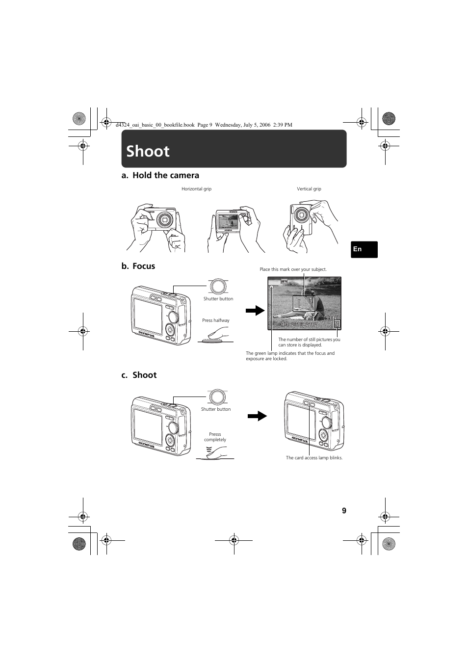 Shoot, A. hold the camera c. shoot, B. focus | Olympus FE-170 User Manual | Page 9 / 108